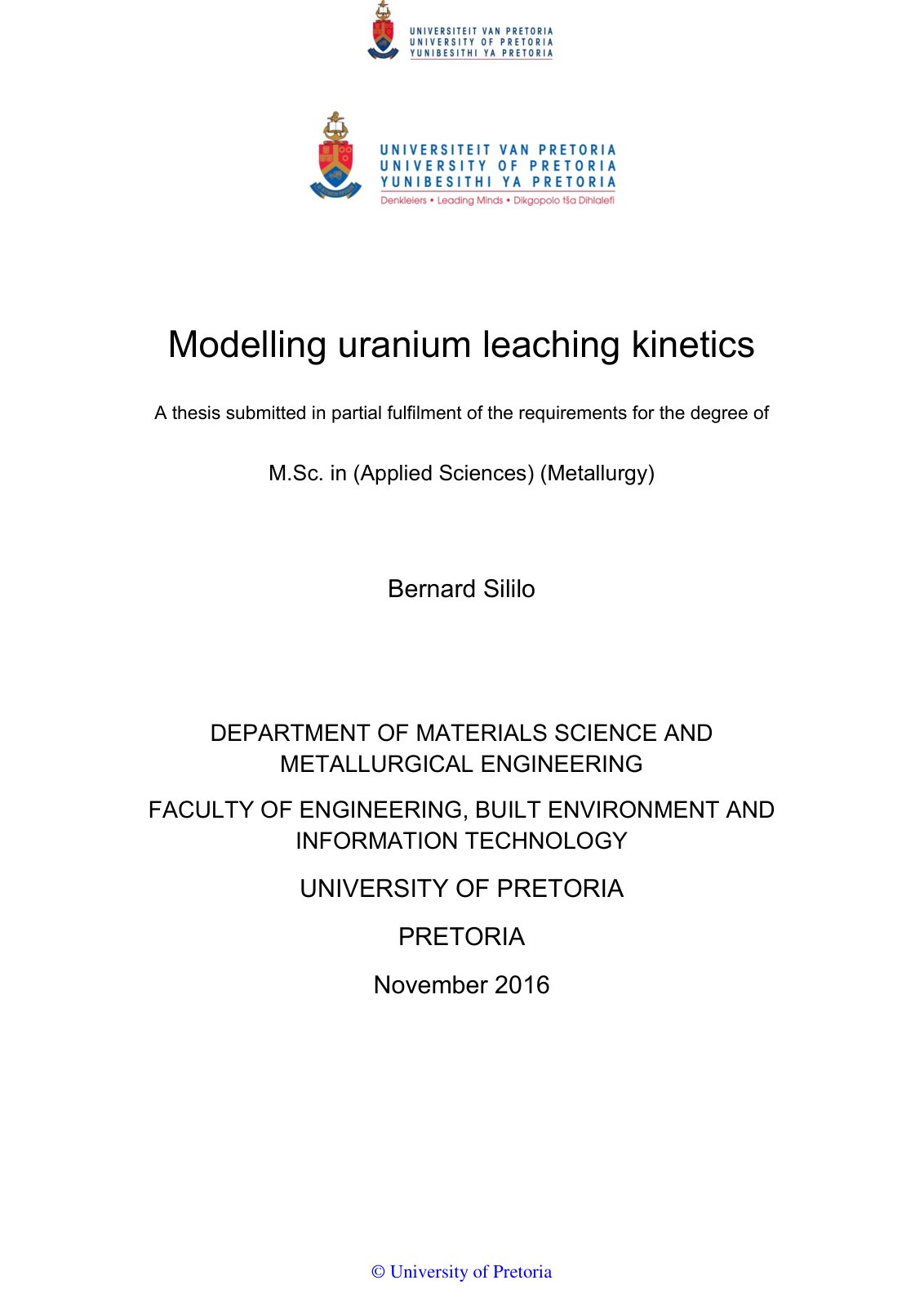 First page of Modelling of uranium leach kinetics