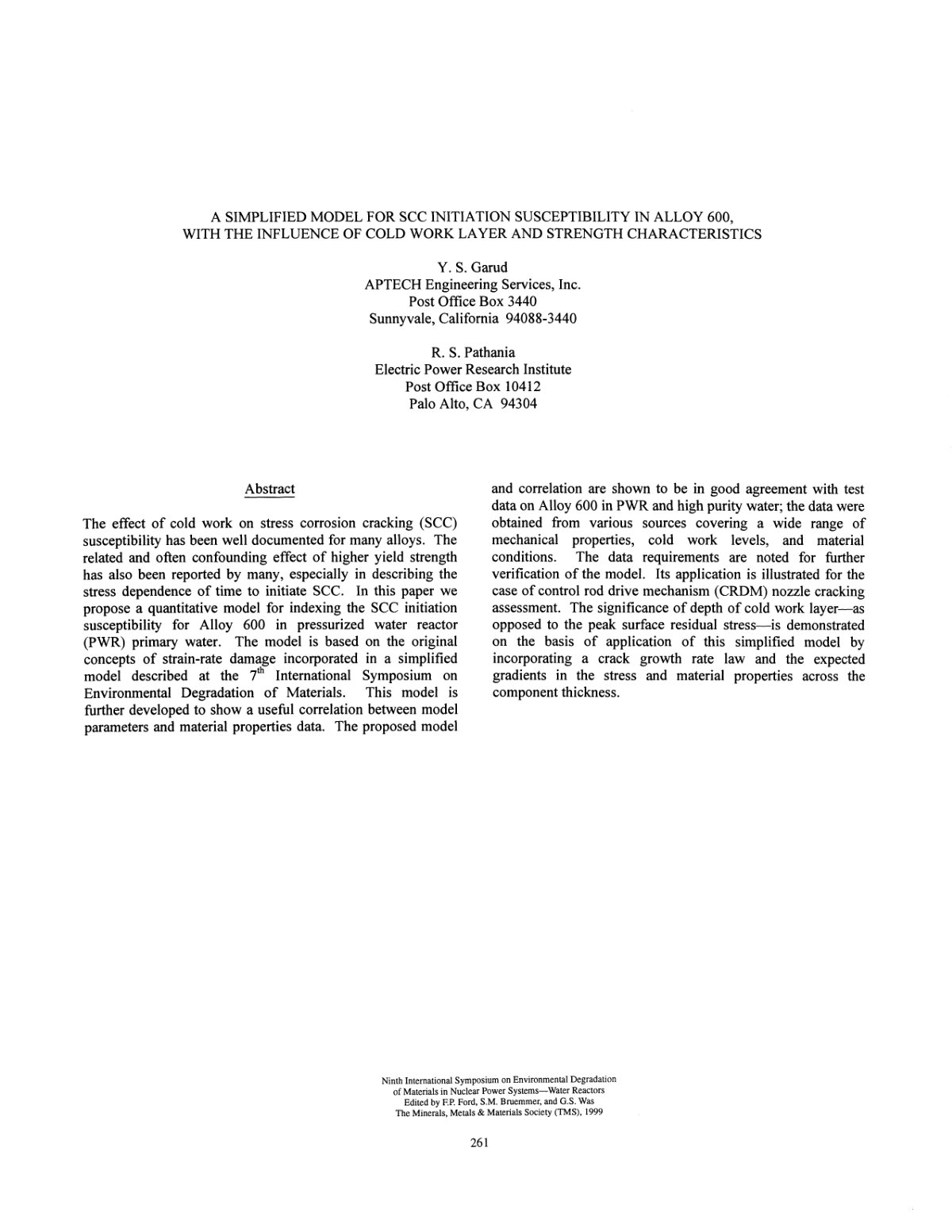 First page of A SIMPLIFIED MODEL FOR SCC INITIATION SUSCEPTIBILITY IN ALLOY 600, WITH THE INFLUENCE OF COLD WORK LAYER AND STRENGTH CHARACTERISTICS