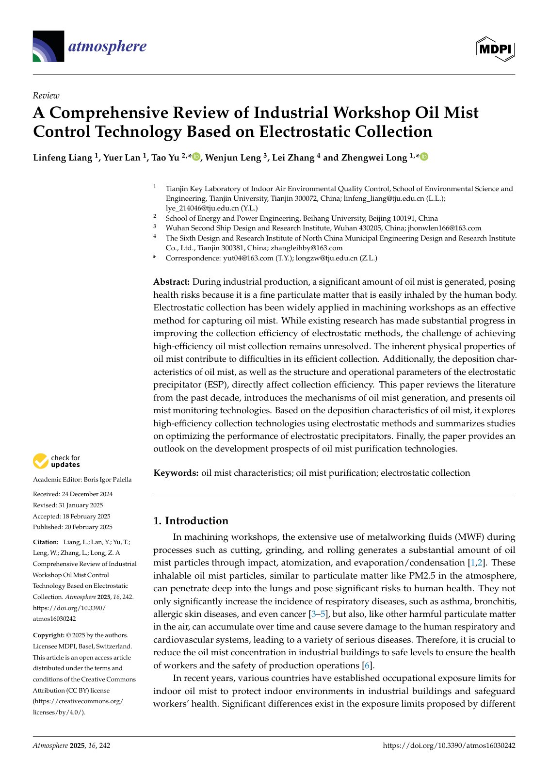 First page of A Comprehensive Review of Industrial Workshop Oil Mist Control Technology Based on Electrostatic Collection