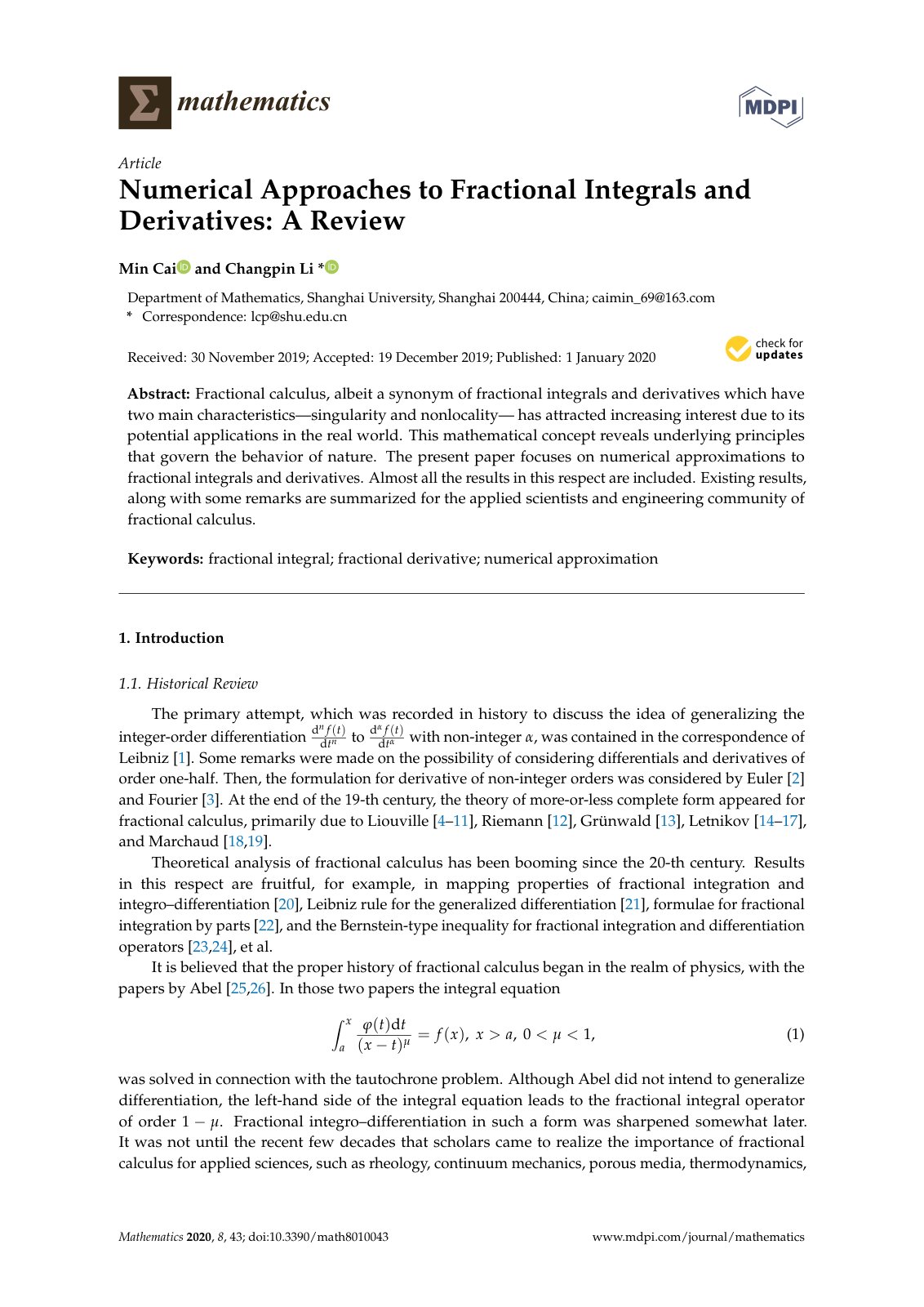 First page of Numerical Approaches to Fractional Integrals and Derivatives: A Review