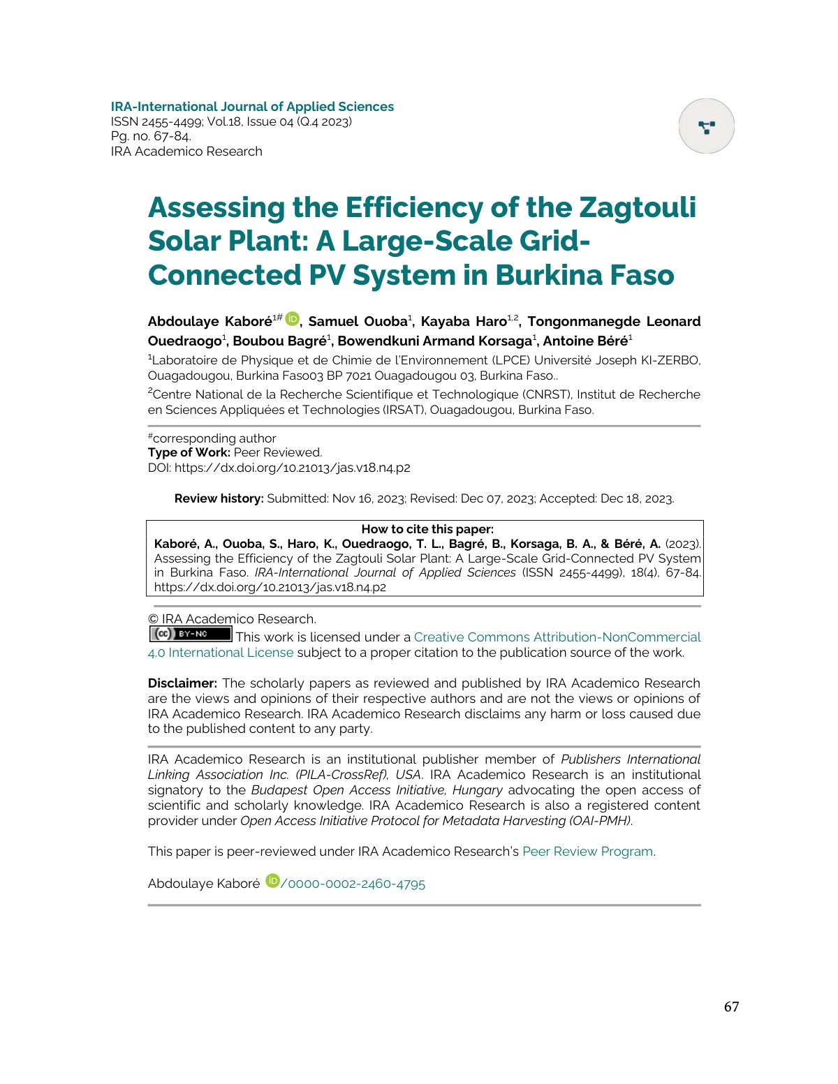 First page of Performance Evaluation of Zagtouli s 33