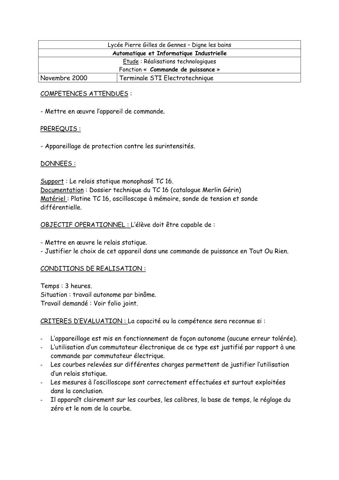 First page of Etude : Réalisations technologiques Fonction «  Commande de puissance »