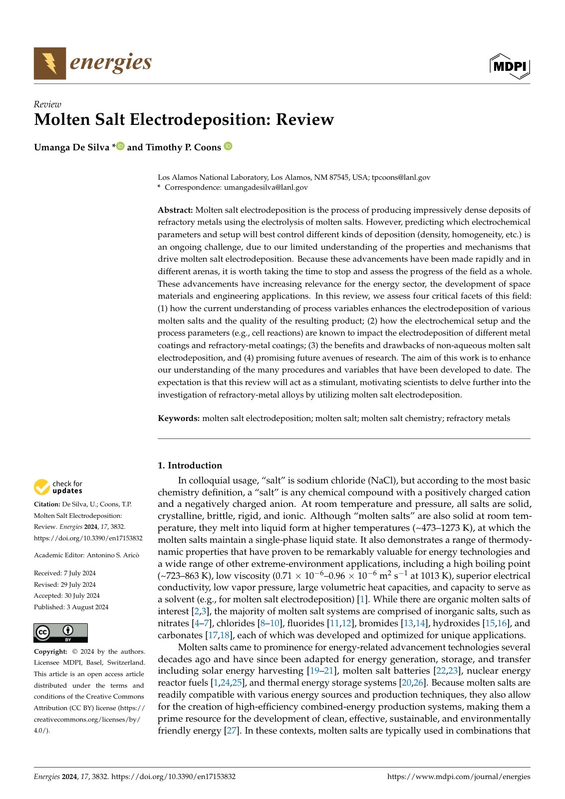 First page of Molten Salt Electrodeposition: Review