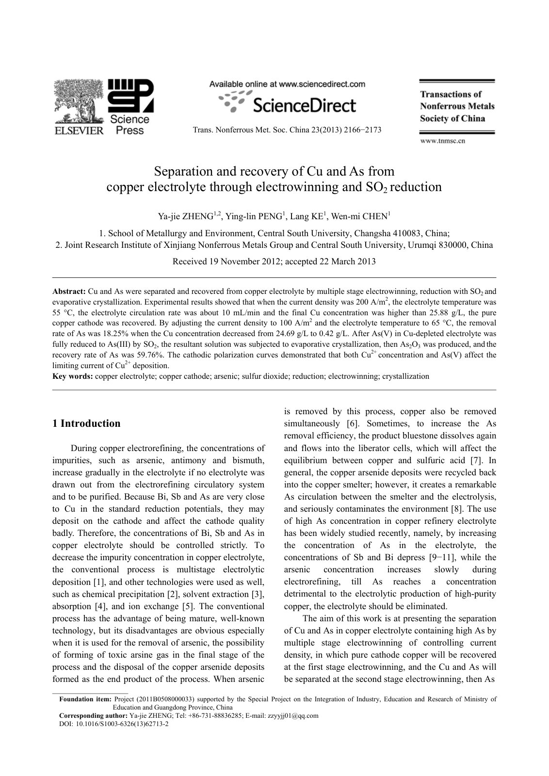 First page of Separation and recovery of Cu and As fro