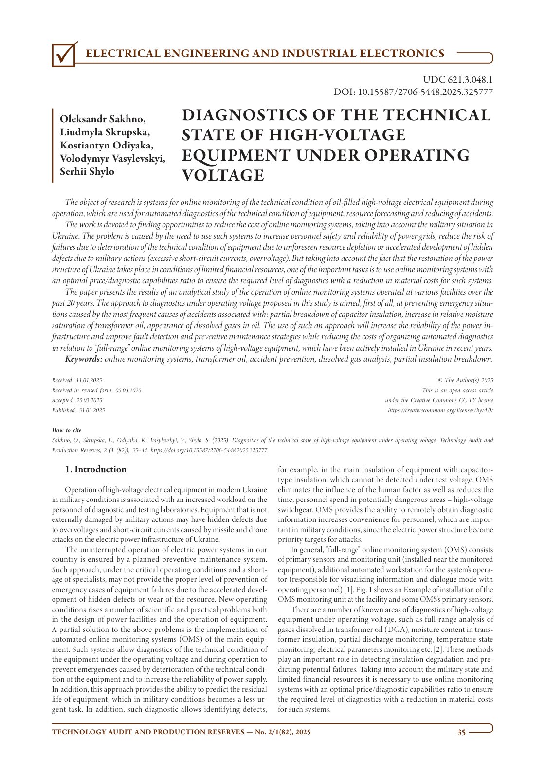 First page of Diagnostics of the technical state of high voltage