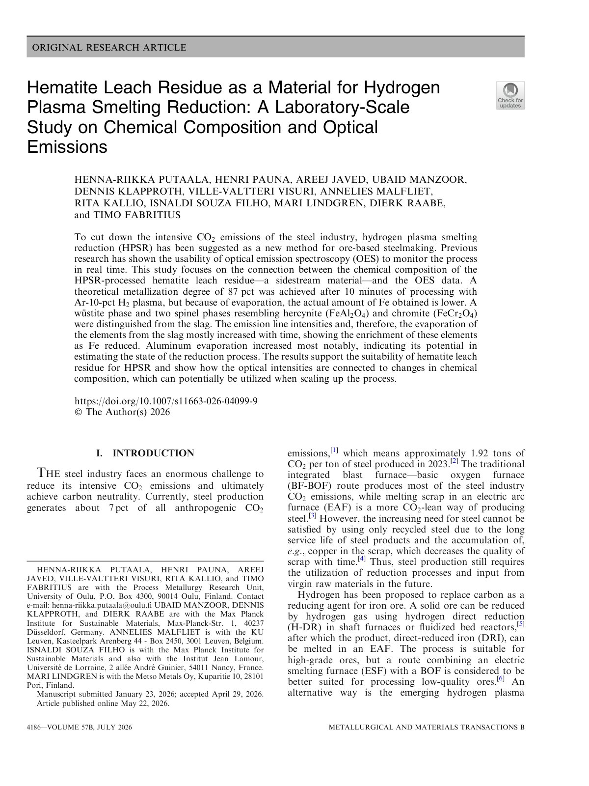 First page of 2026 Putaala Hydrogen Plasma Smelting Residue