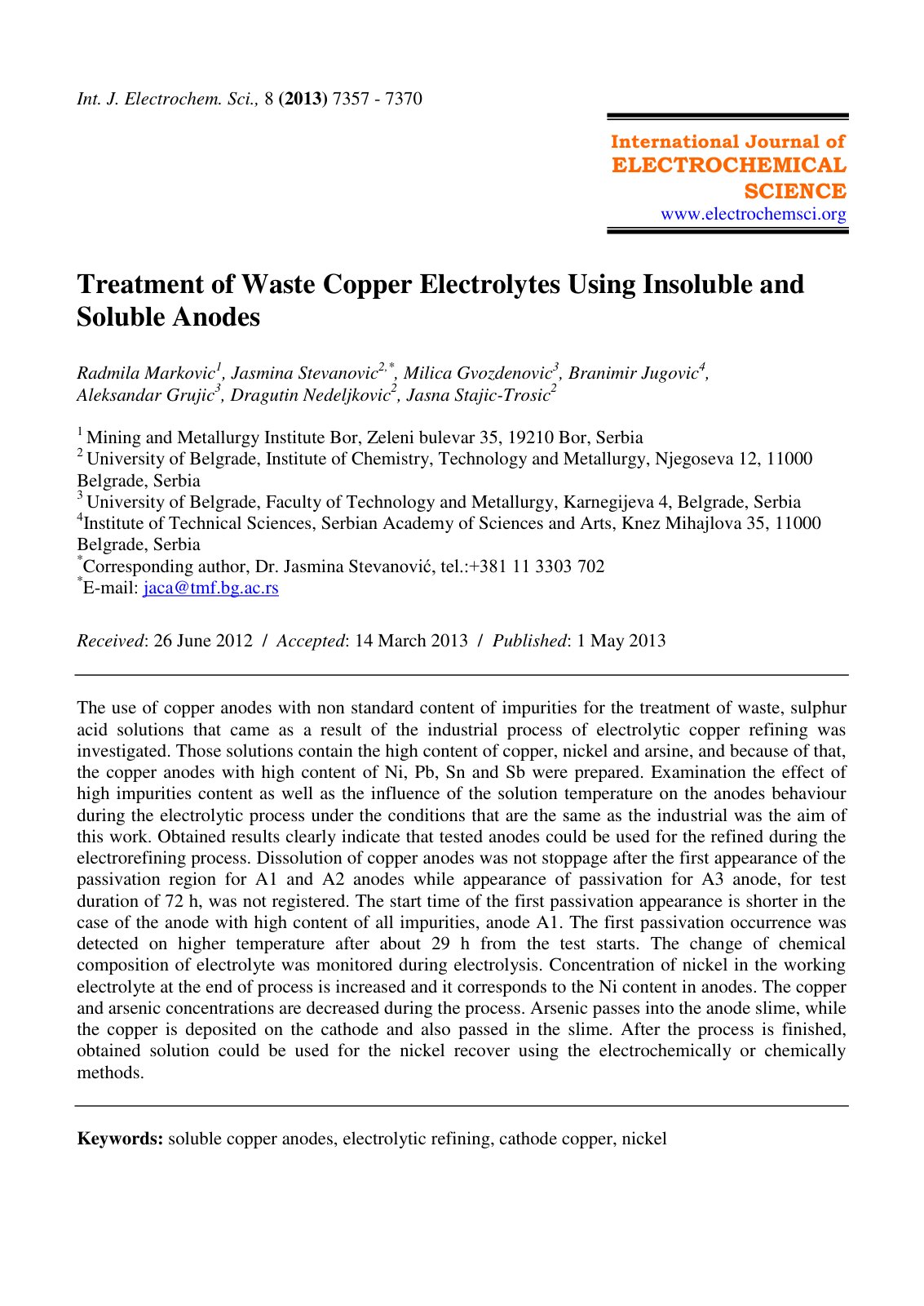 First page of Treatment of Waste Copper Electrolytes U
