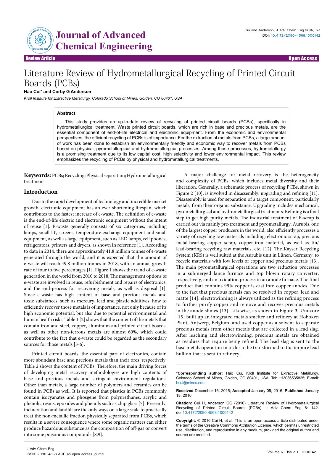 First page of Literature Review of Hydrometallurgical Recycling of Printed Circuit Boards (PCBs)