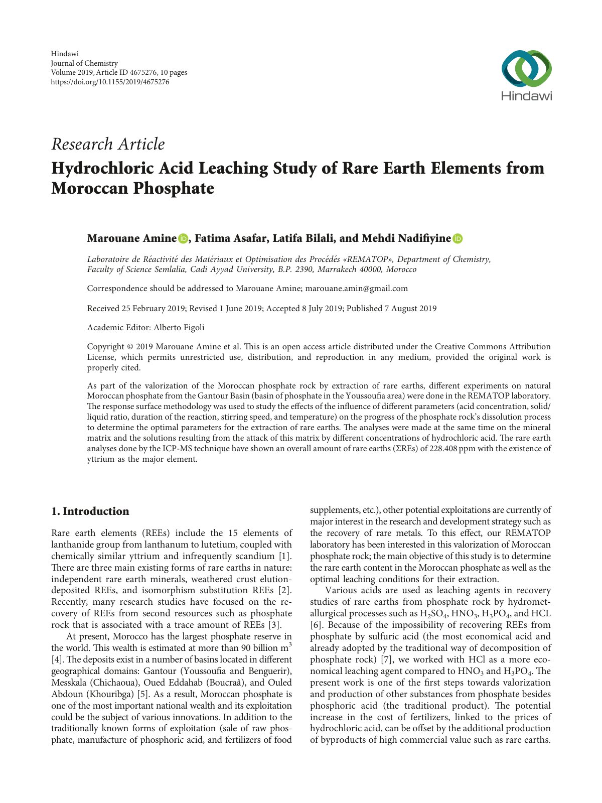 First page of Hydrochloric Acid Leaching Study of Rare