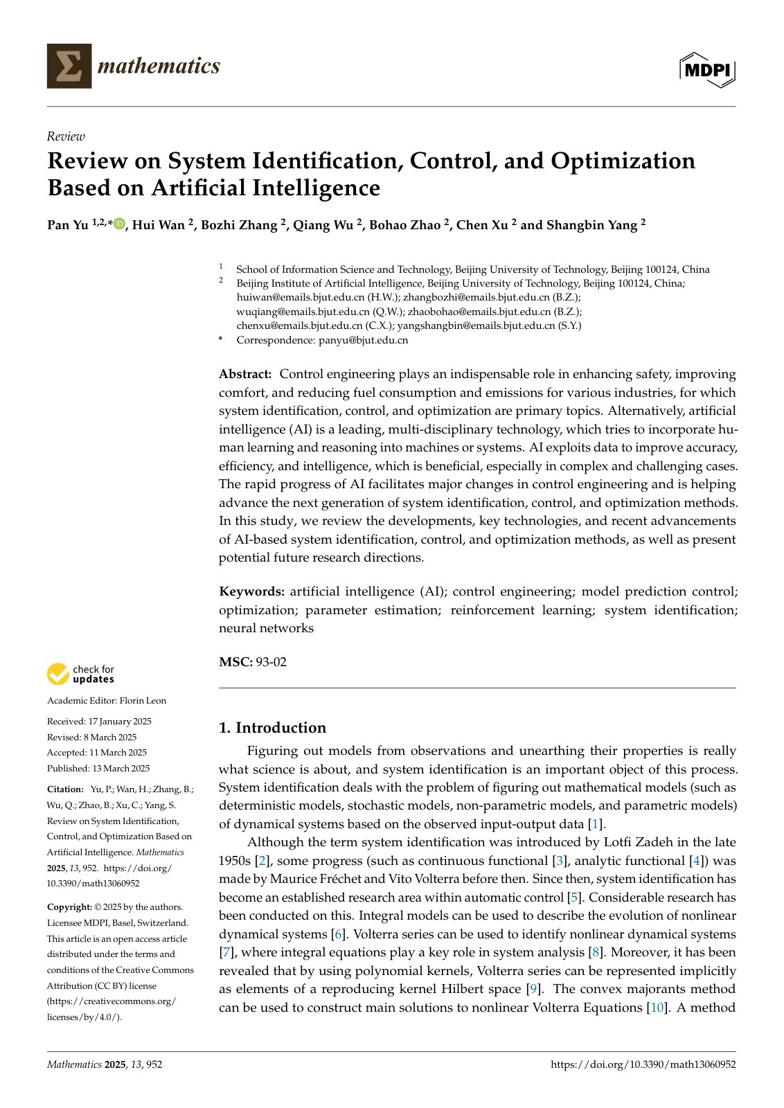 First page of Review on System Identification, Control, and Optimization Based on Artificial Intelligence