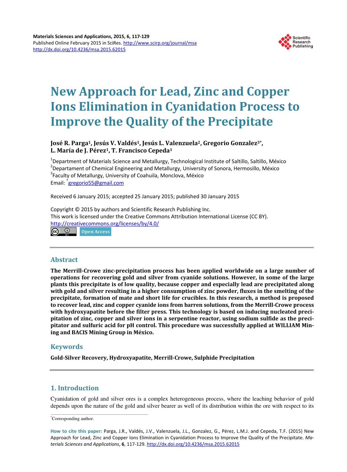 First page of New Approach for Lead, Zinc and Copper Ions Elimination in Cyanidation Process to Improve the Quality of the Precipitate