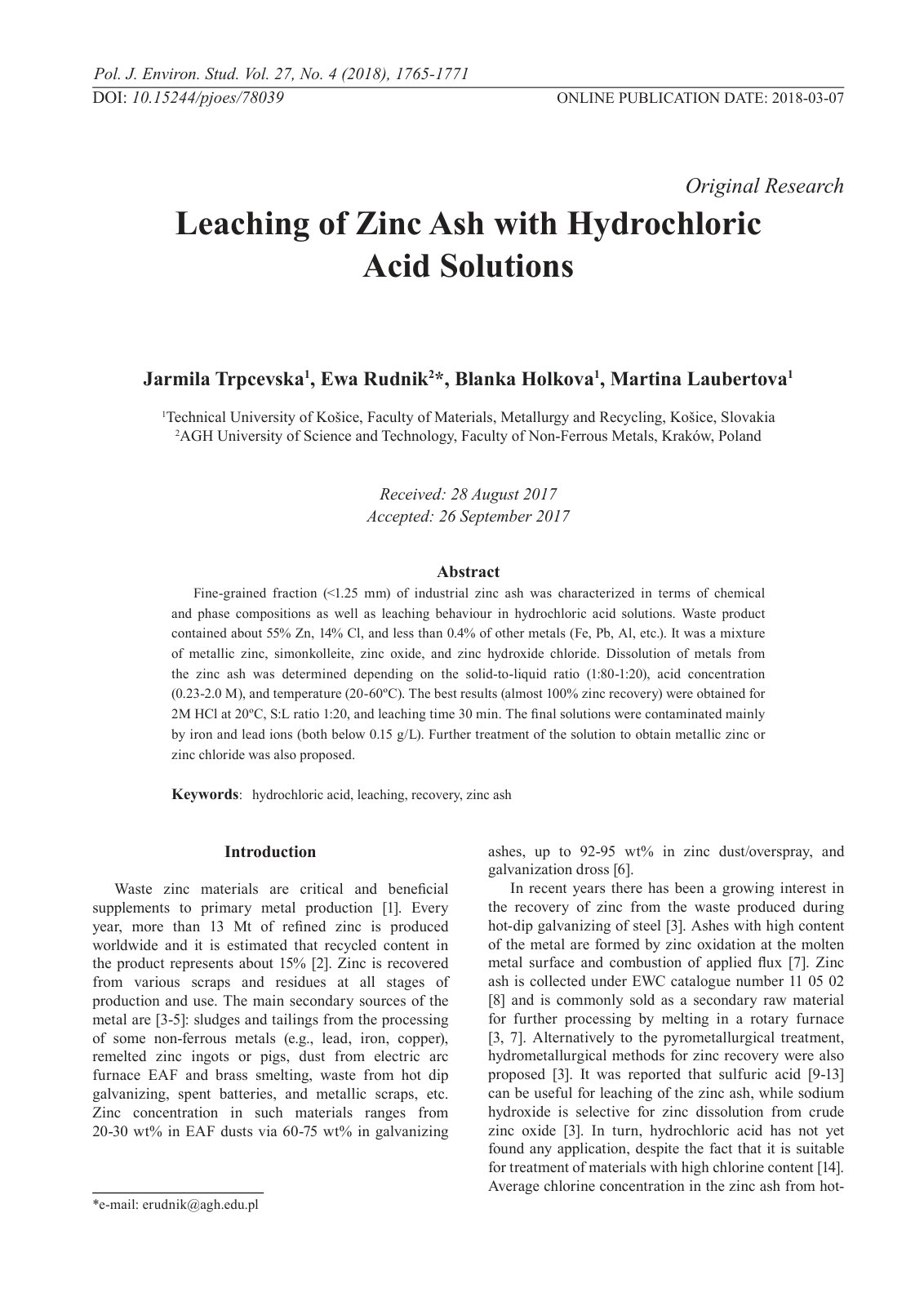 First page of Leaching of Zinc Ash with Hydrochloric A
