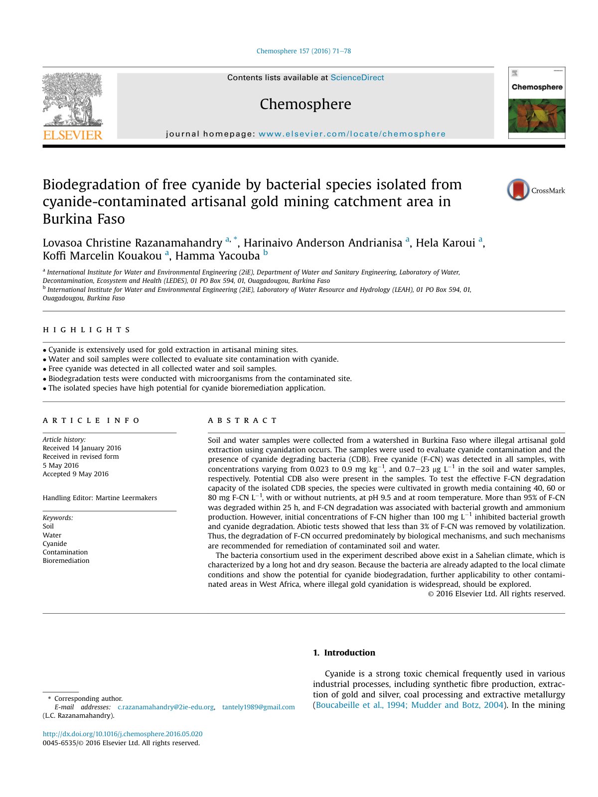 First page of Biodegradation of free cyanide by bacter
