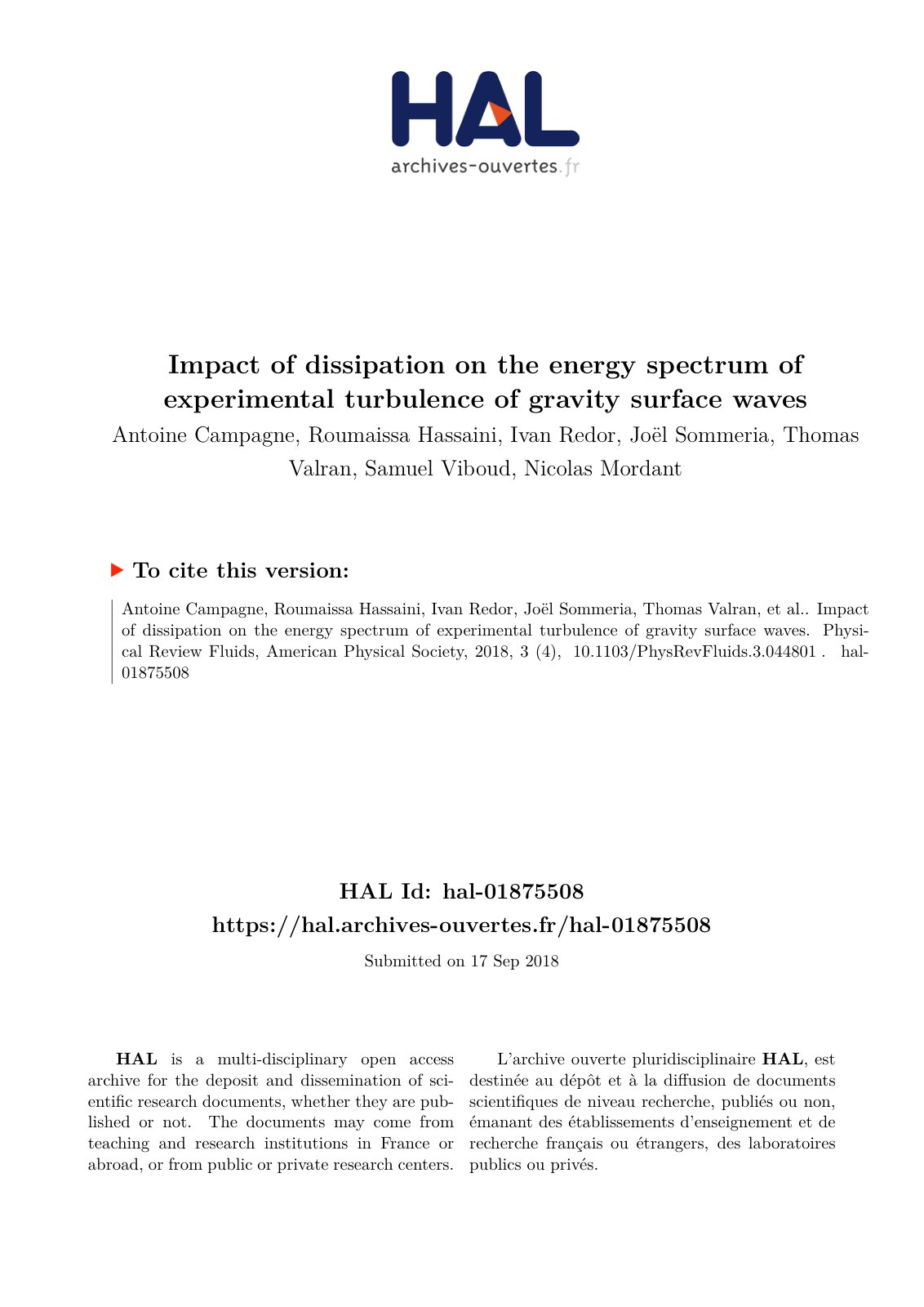 First page of Impact of dissipation on the energy spectrum of experimental turbulence of gravity surface waves