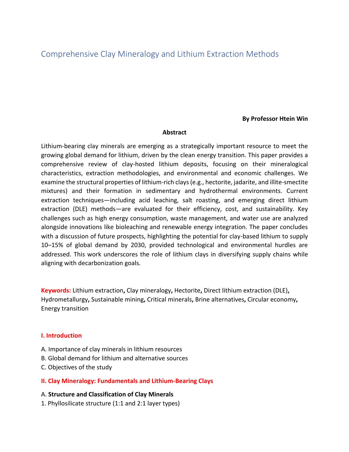 First page of Comprehensive Clay Mineralogy and Lithiu