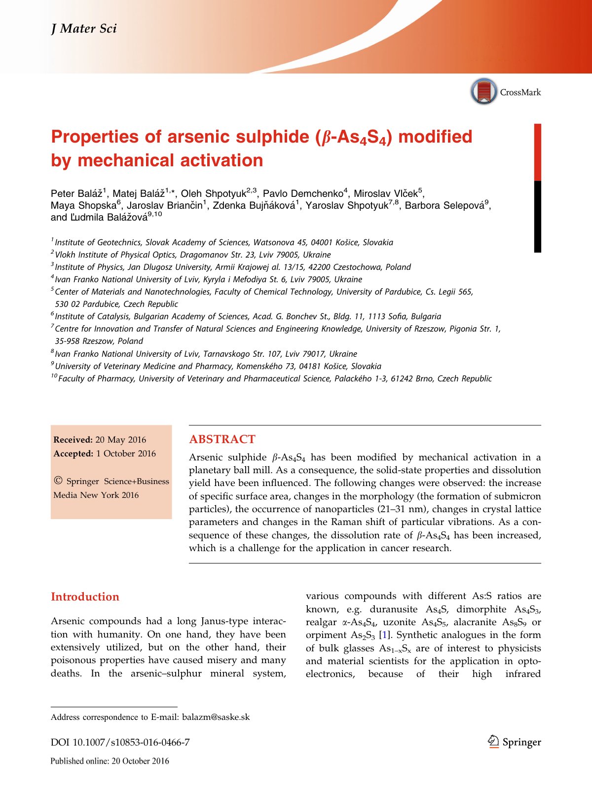 First page of Properties of arsenic sulphide (b-As4S4) modiﬁed by mechanical activation