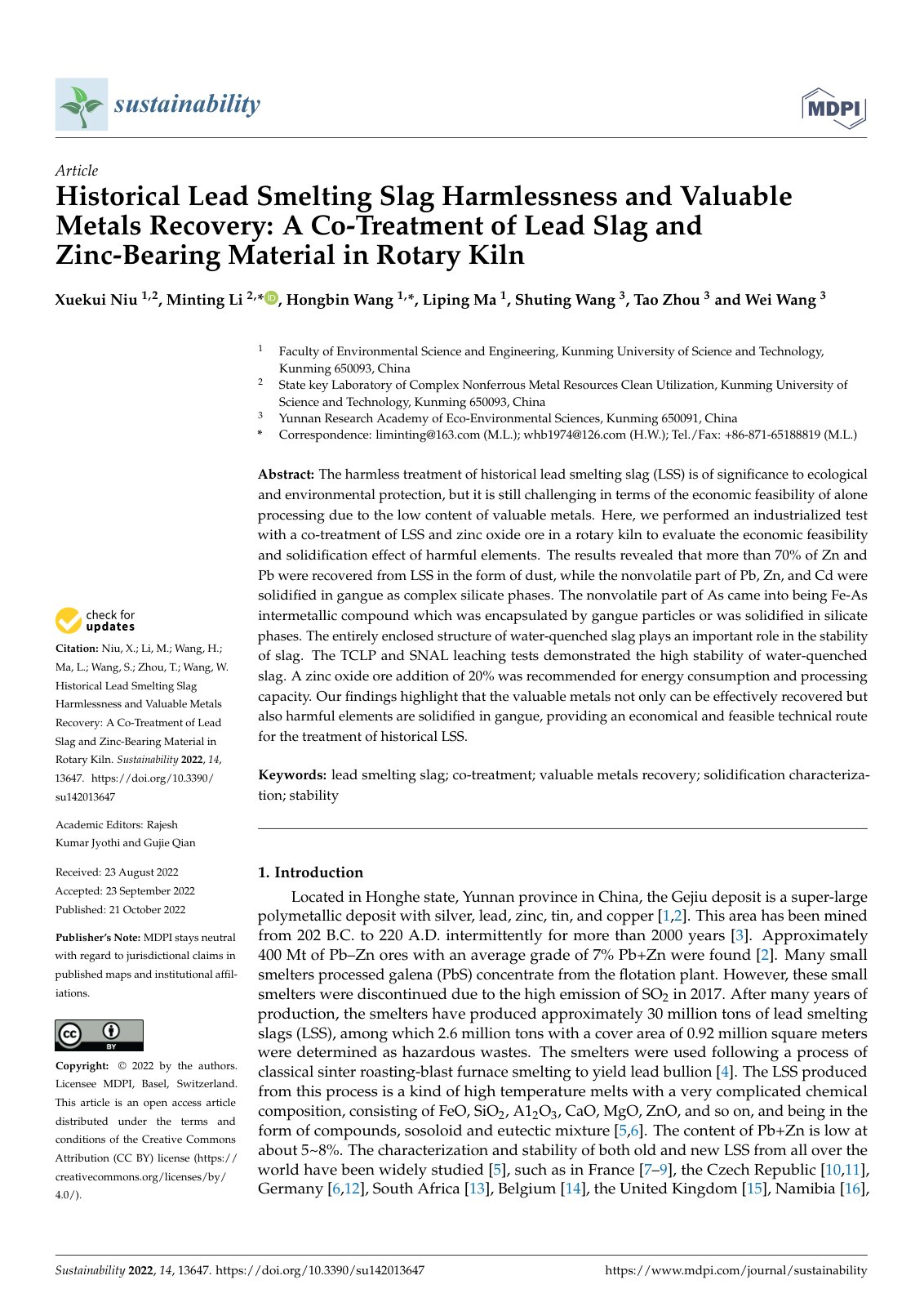 First page of Historical Lead Smelting Slag Harmlessness and Valuable Metals Recovery: A Co-Treatment of Lead Slag and Zinc-Bearing Material in Rotary Kiln