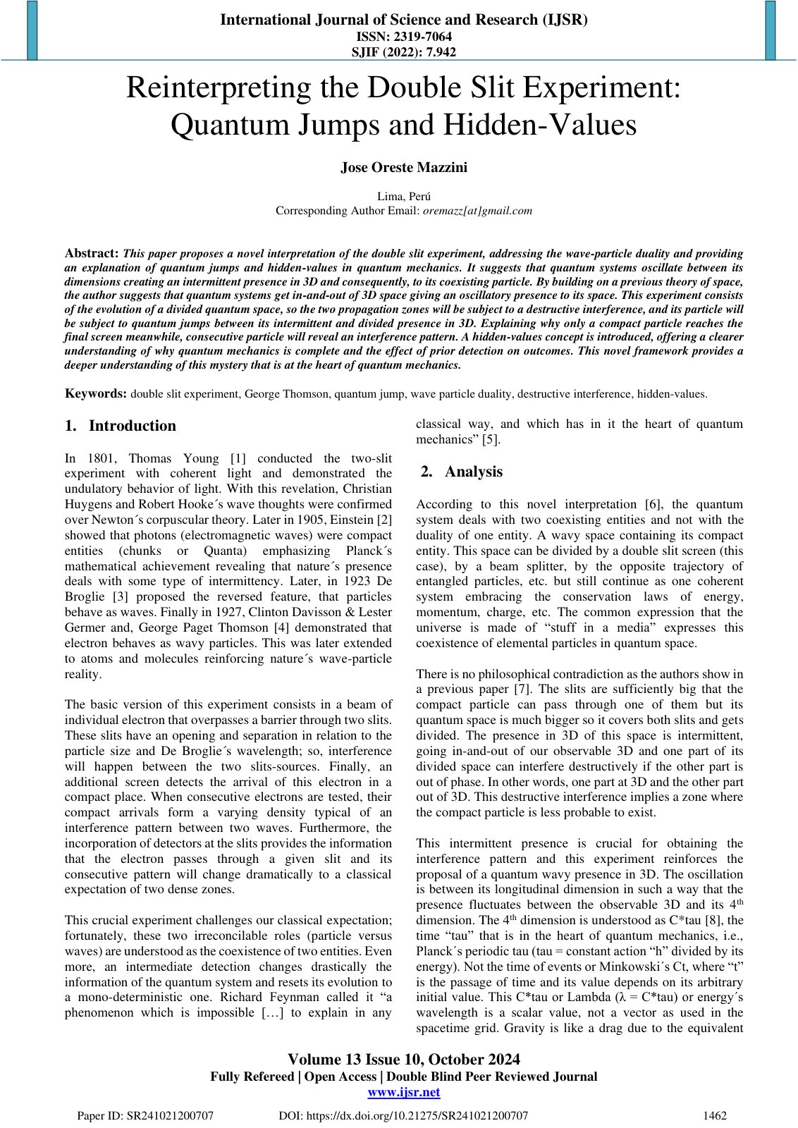 First page of Reinterpreting the Double Slit Experimen