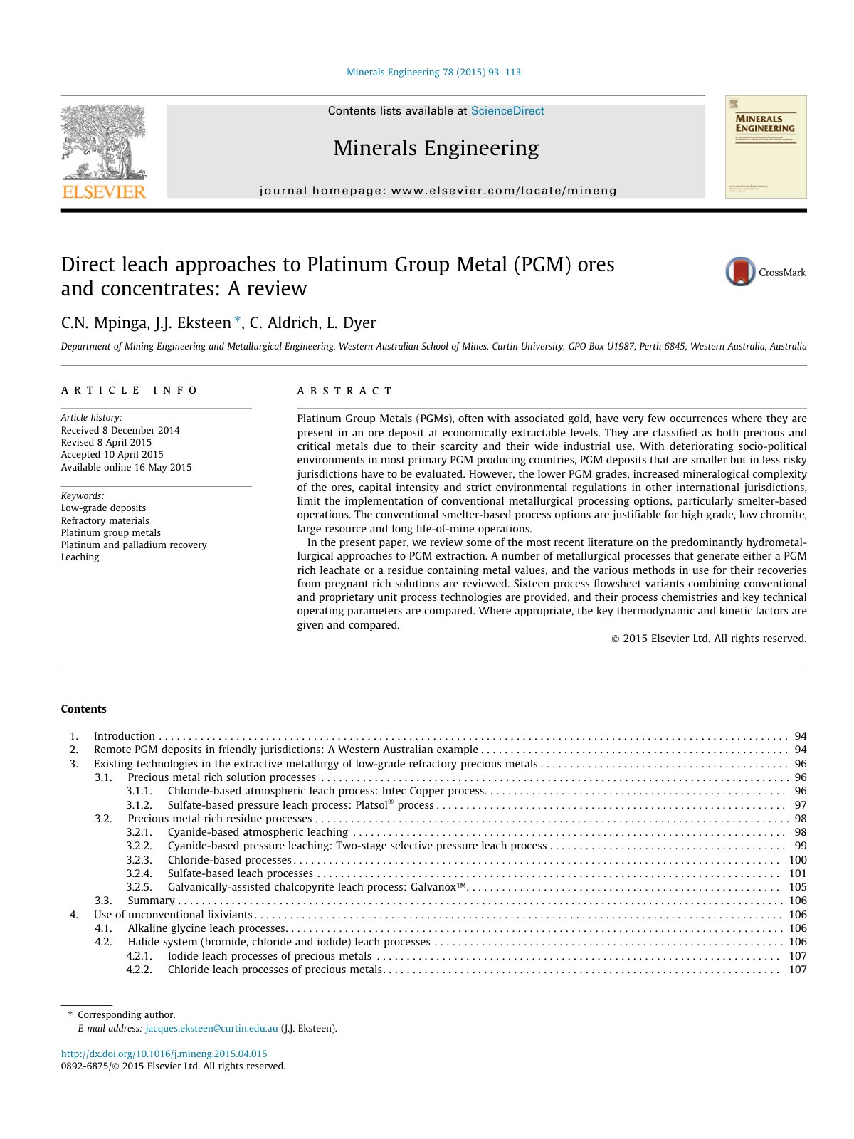 First page of Direct leach approaches to Platinum Group Metal (PGM) ores and concentrates: A review