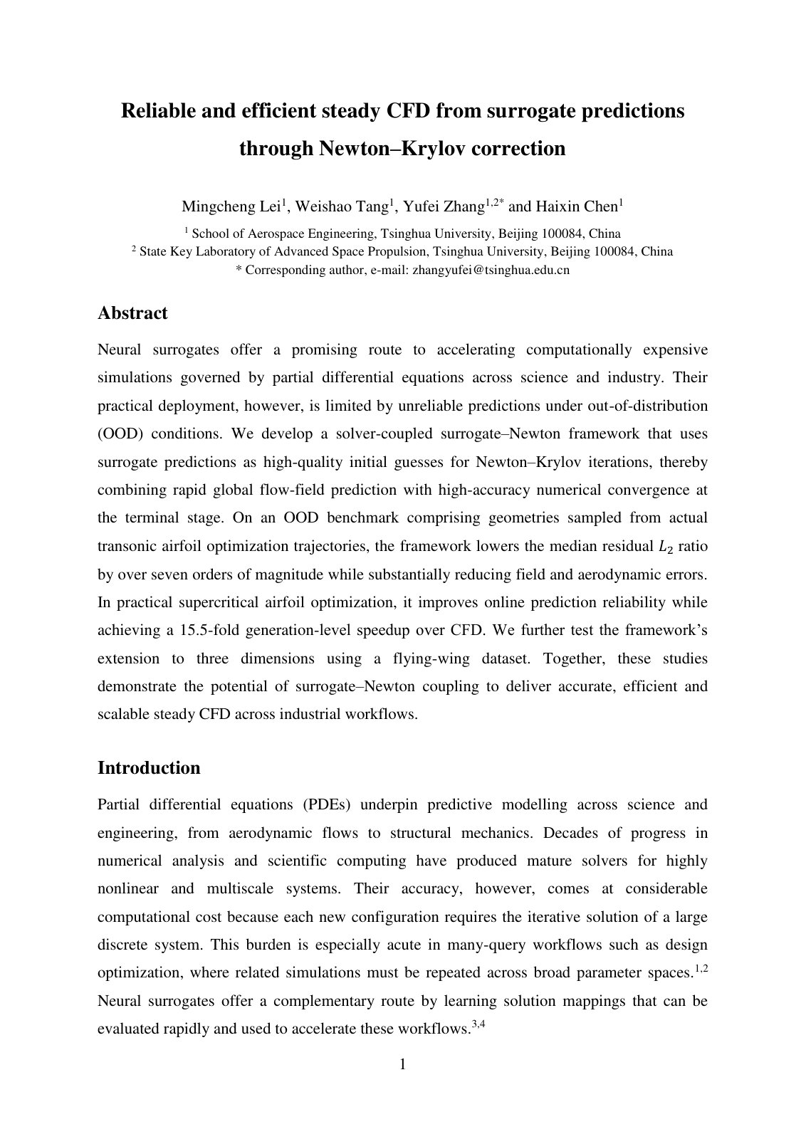 First page of Reliable and efficient steady CFD from surrogate predictions through Newton–Krylov correction