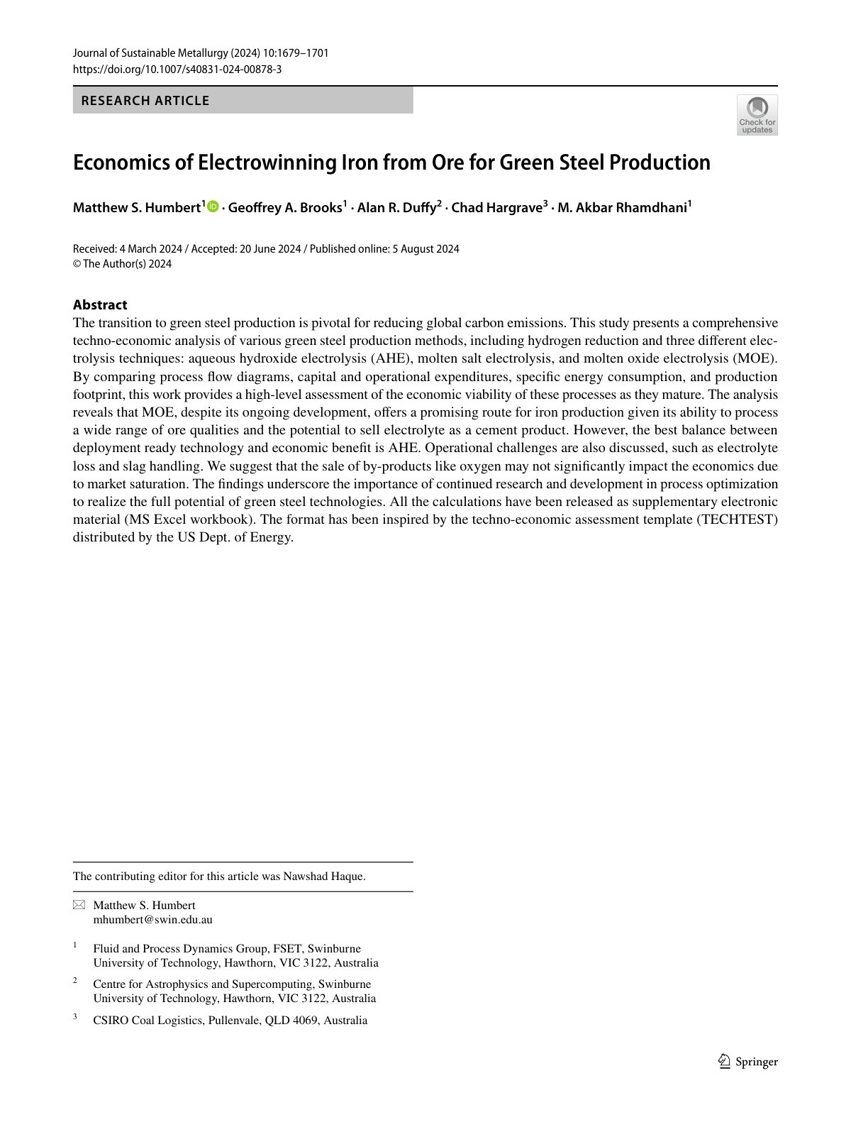 First page of Economics of Electrowinning Iron from Ore for Green Steel Production