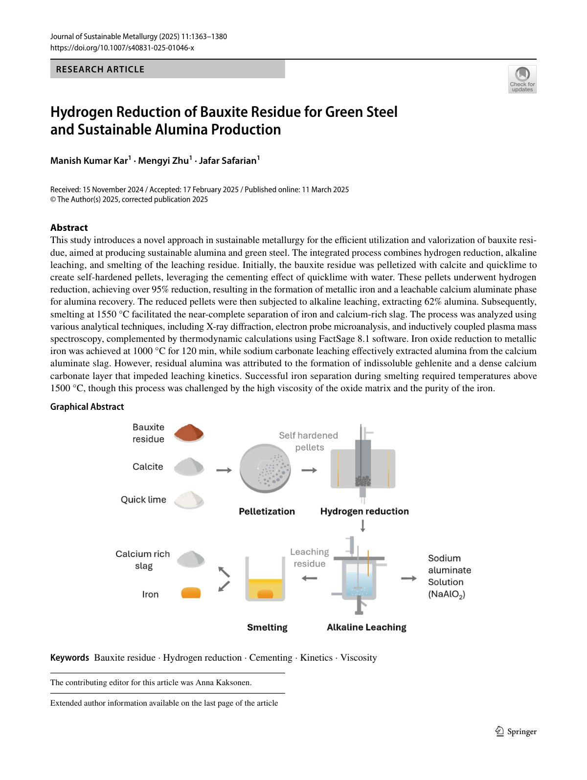 First page of Hydrogen Reduction of Bauxite Residue for Green Steel and Sustainable Alumina Production