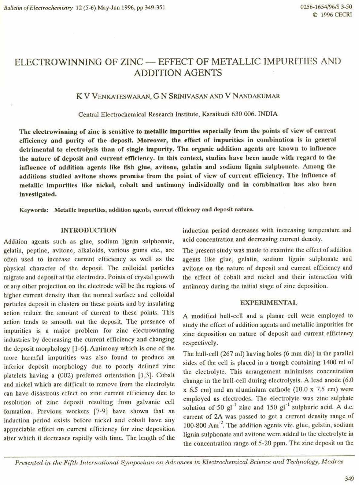 First page of Electrowinning of Zinc — Effect of Metallic Impurities and Addition Agents