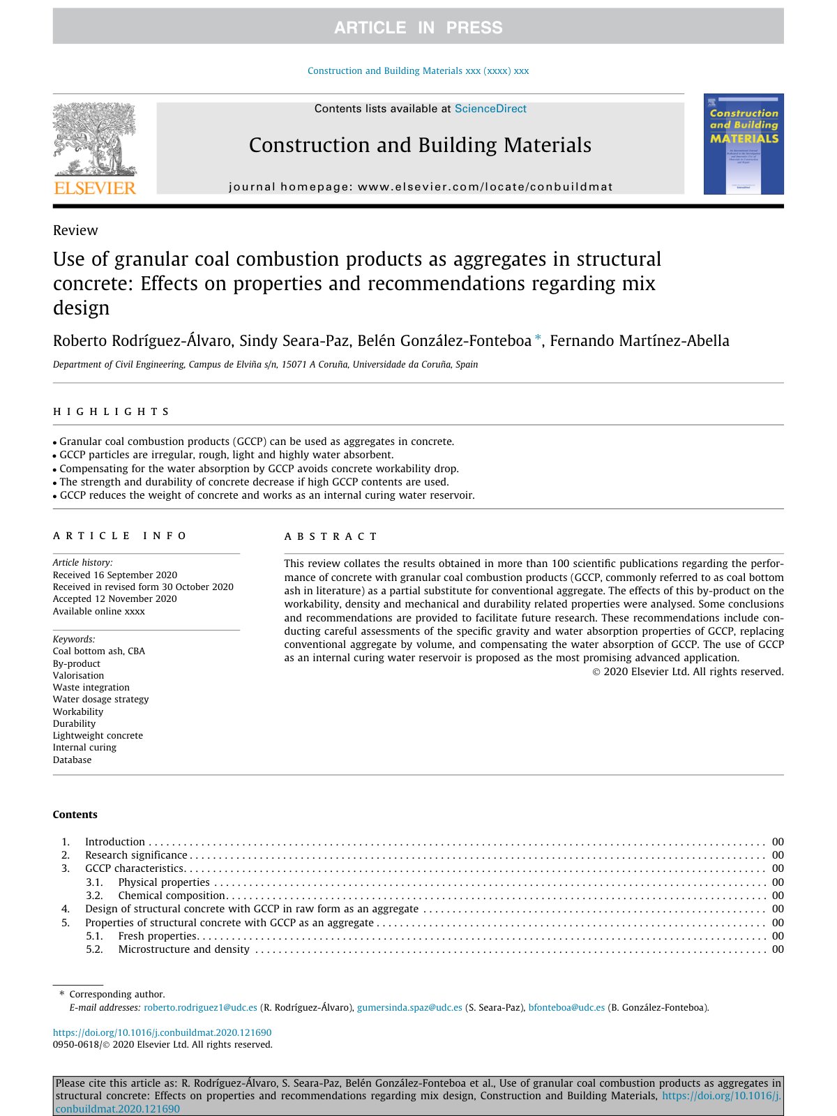 First page of Use of granular coal combustion products as aggregates in structural concrete: Effects on properties and recommendations regarding mix design