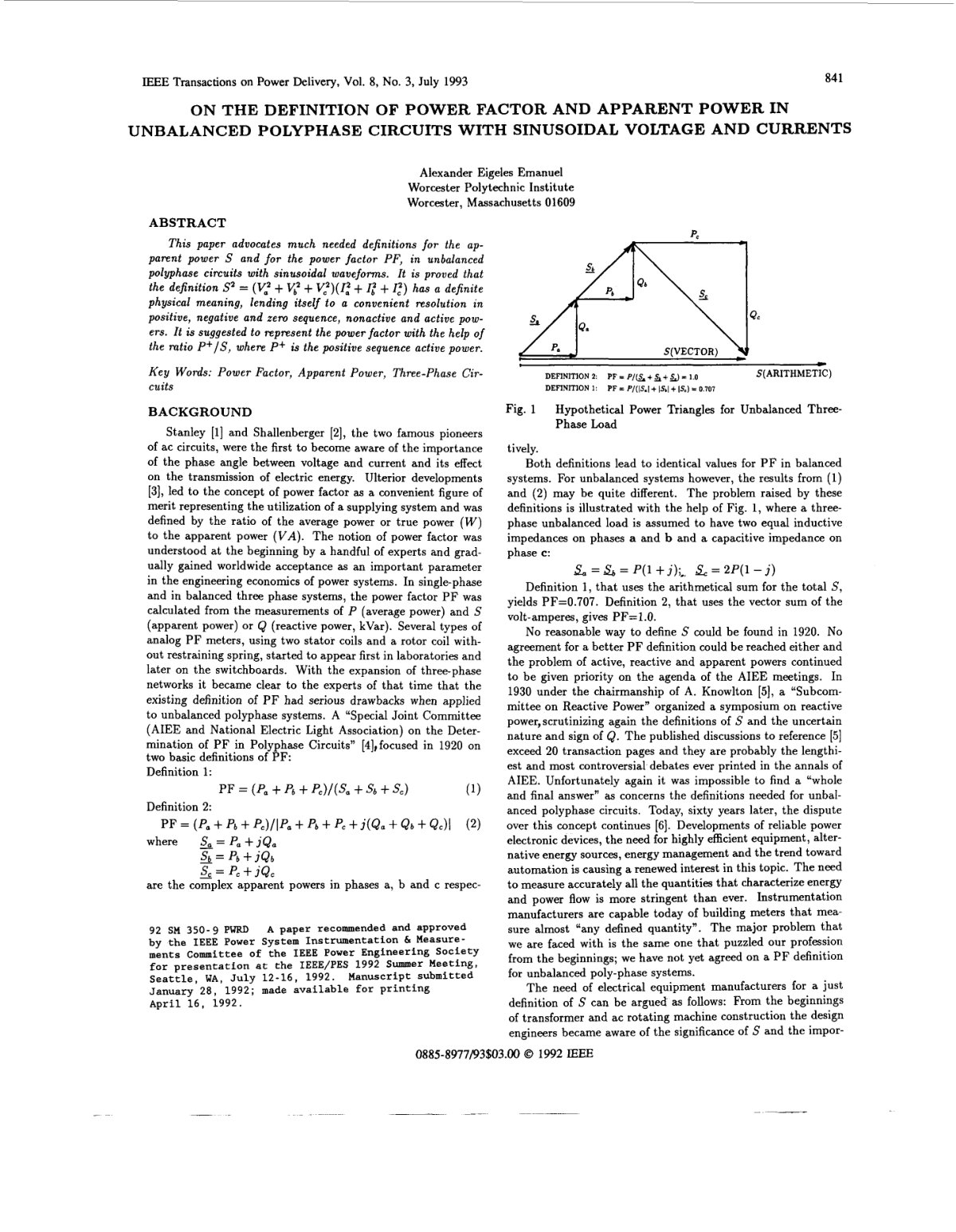 First page of ON THE DEFINITION OF POWER FACTOR AND APPARENT POWER IN UNBALANCED POLYPHASE CIRCUITS WITH SINUSOIDAL VOLTAGE AND CURRENTS