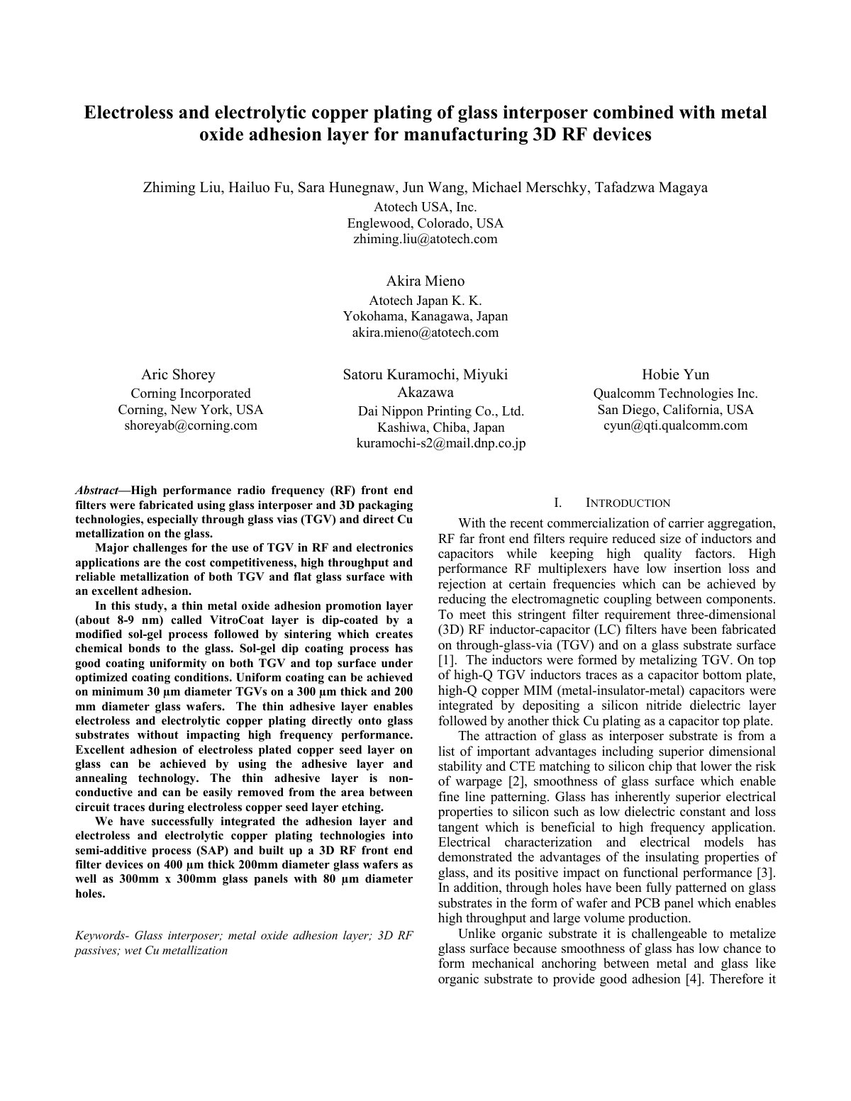 First page of Electroless and electrolytic copper plating of glass interposer combined with metal oxide adhesion layer for manufacturing 3D RF devices