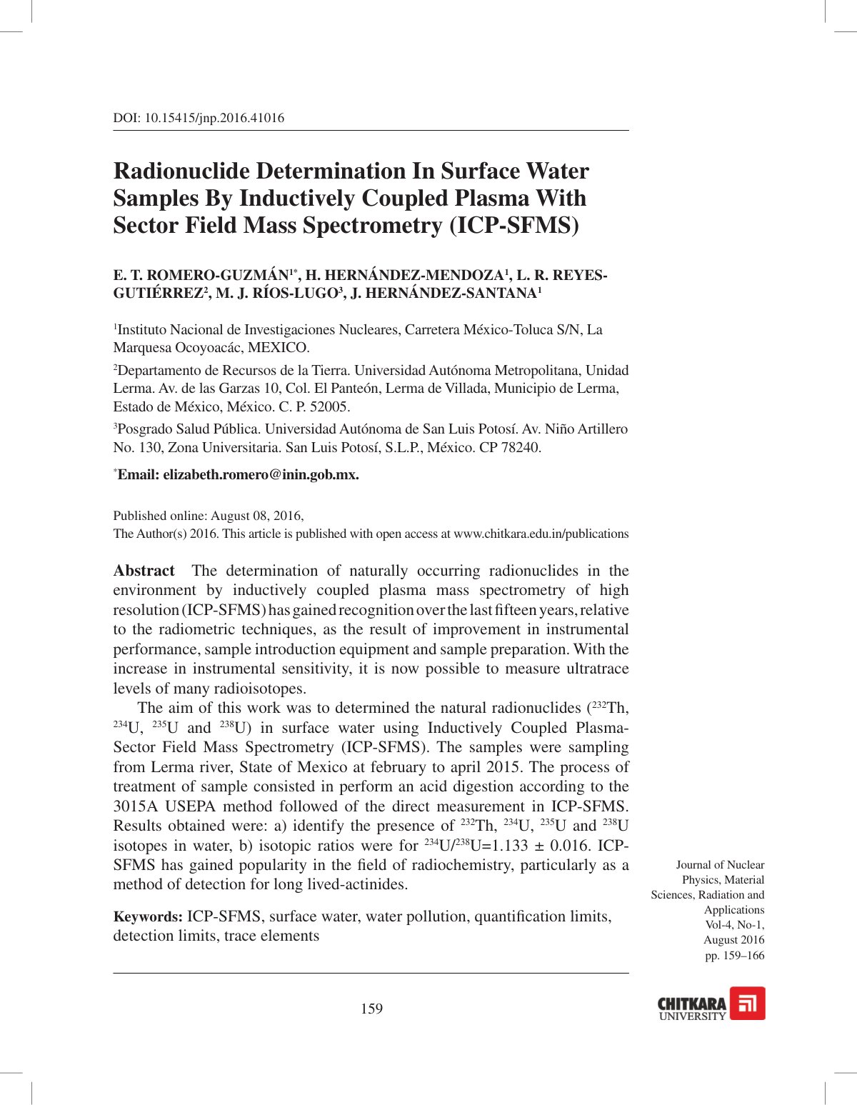 First page of Radionuclide Determination In Surface Water Samples By Inductively Coupled Plasma With Sector Field Mass Spectrometry (ICP-SFMS)