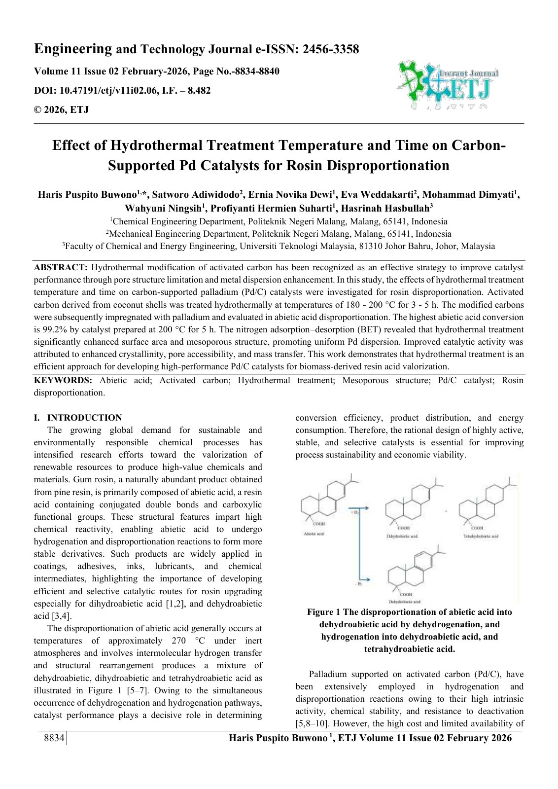 First page of Effect of Hydrothermal Treatment Temperature and Time on Carbon Supported Pd Catalysts for Rosin Disproportionation 