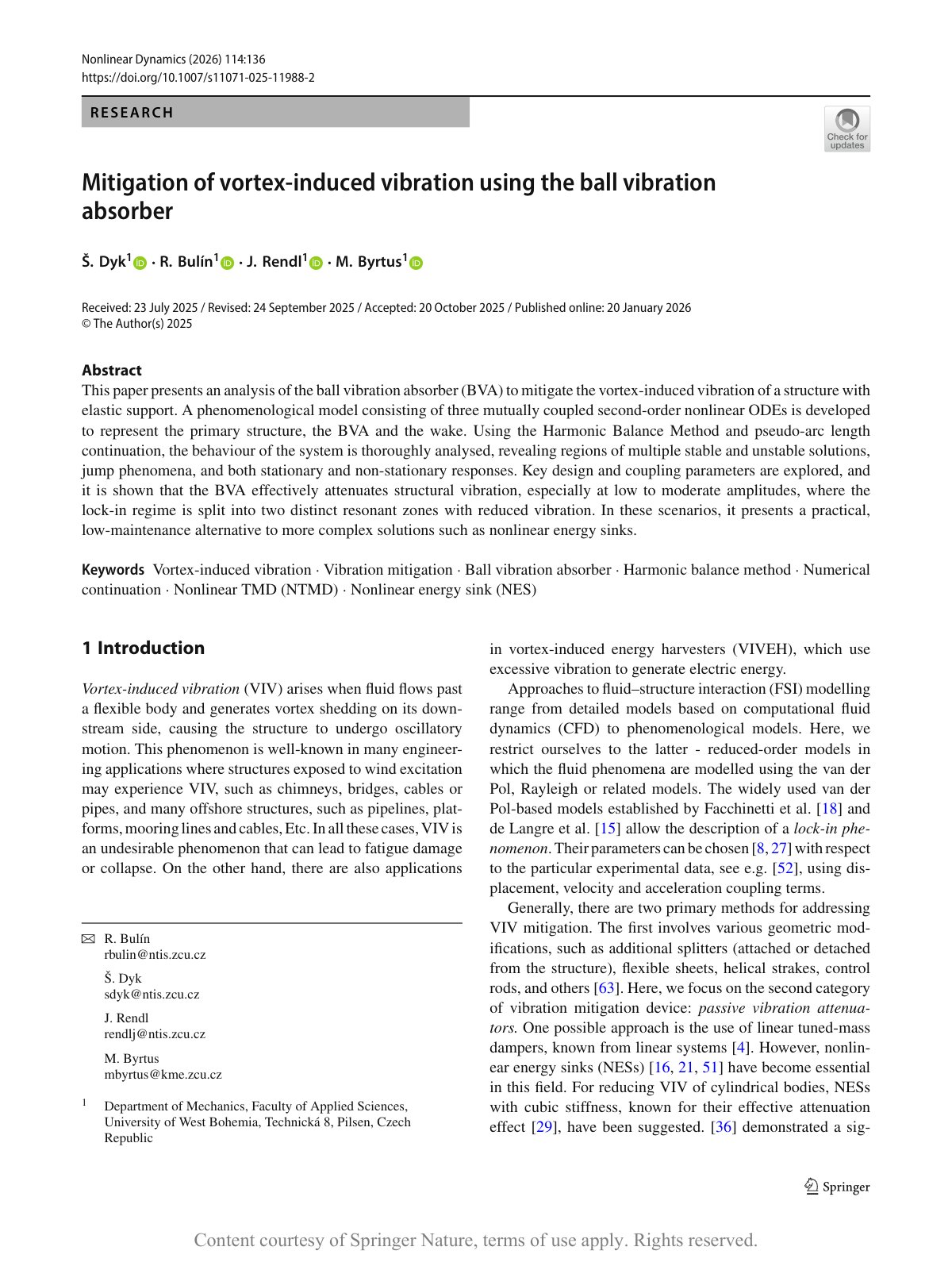 First page of Mitigation of vortex induced vibration using the b