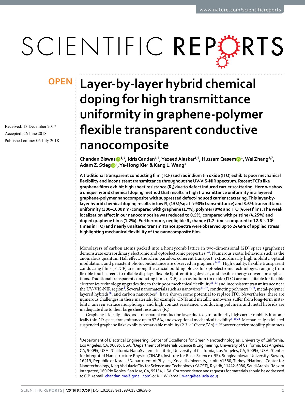 First page of Layer-by-layer hybrid chemical doping for high transmittance uniformity in graphene-polymer flexible transparent conductive nanocomposite