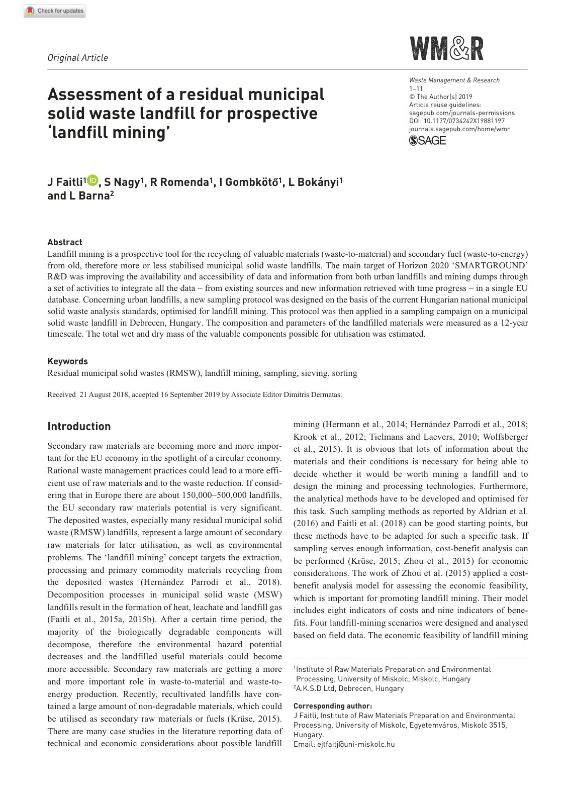 First page of Assessment of a residual municipal solid