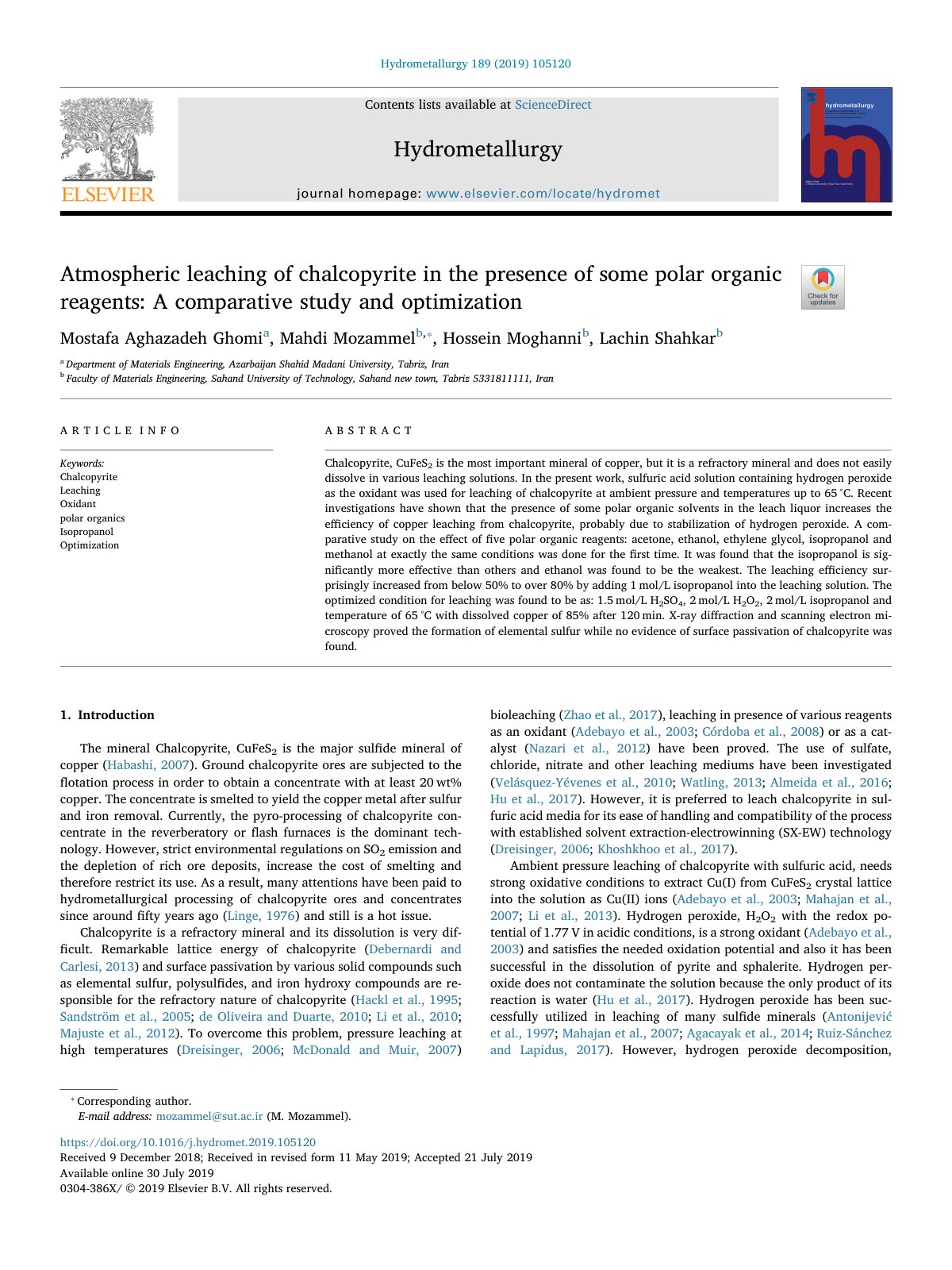 First page of Atmospheric leaching of chalcopyrite in