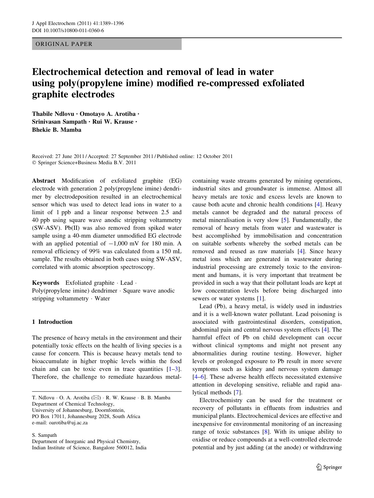 First page of Electrochemical detection and removal of