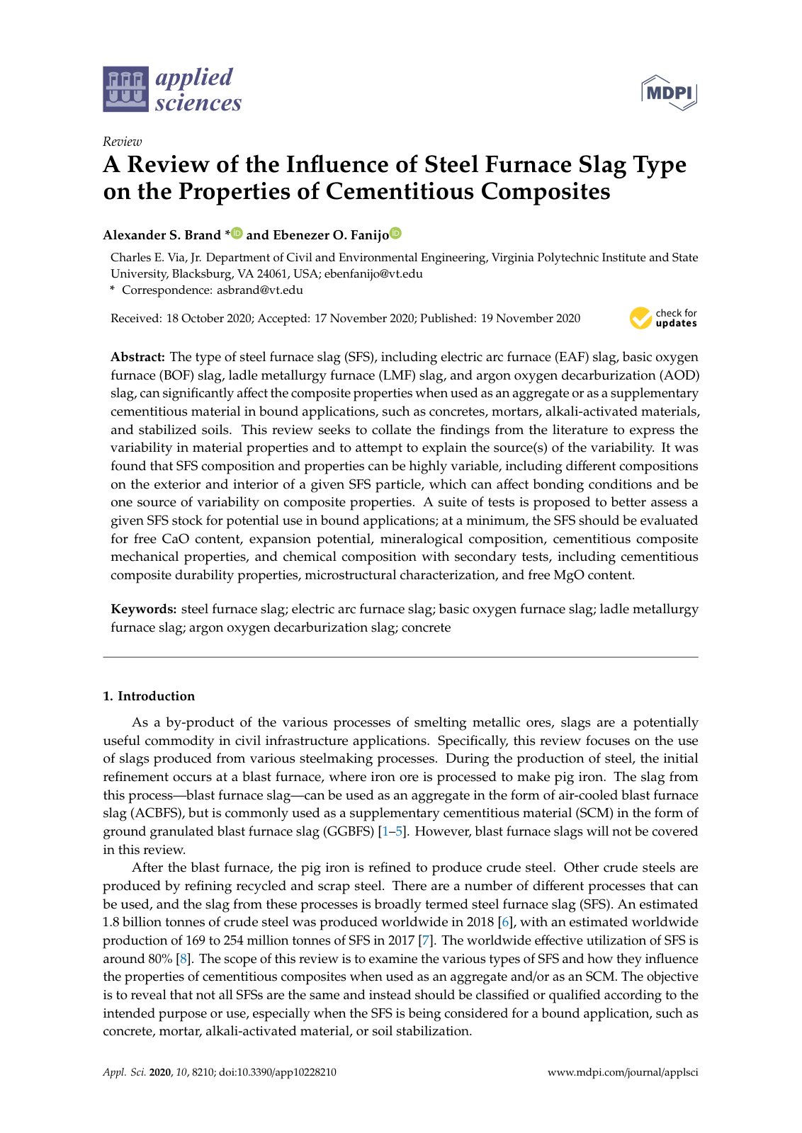First page of A Review of the Inﬂuence of Steel Furnace Slag Type on the Properties of Cementitious Composites