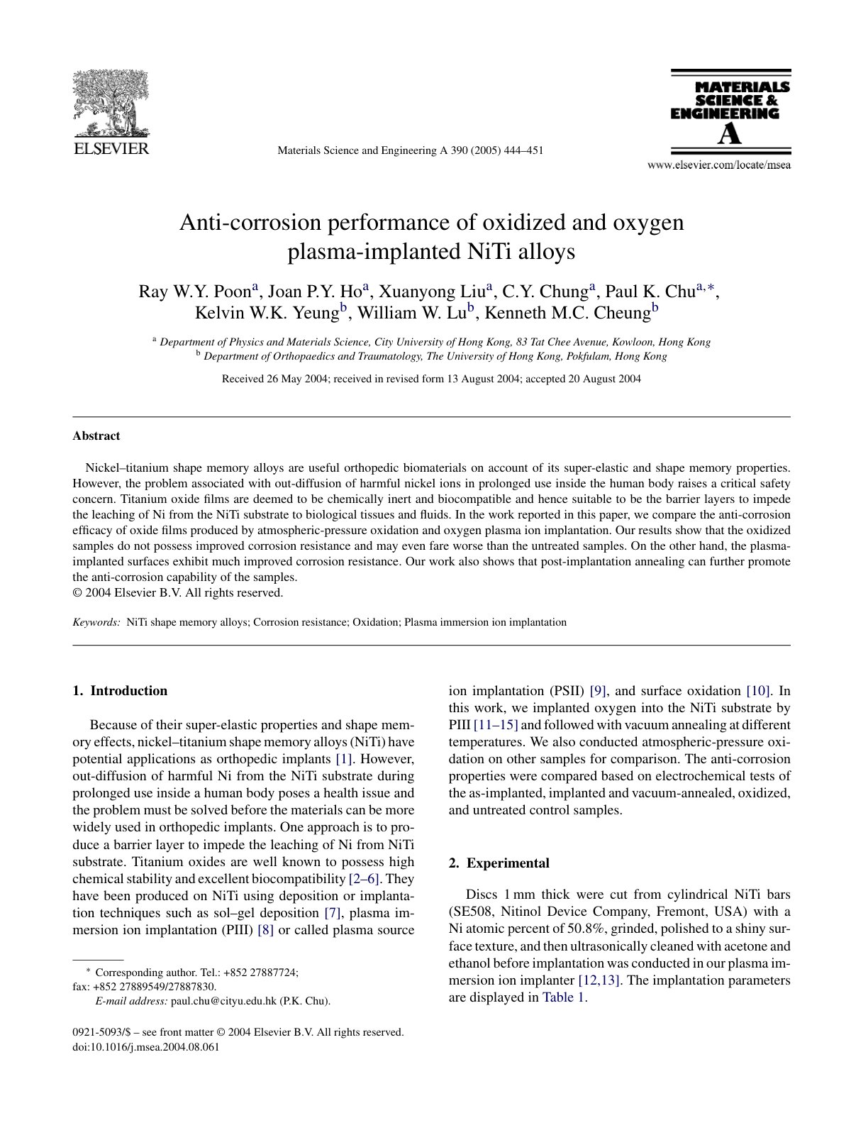 First page of Anti-corrosion performance of oxidized and oxygen plasma-implanted NiTi alloys