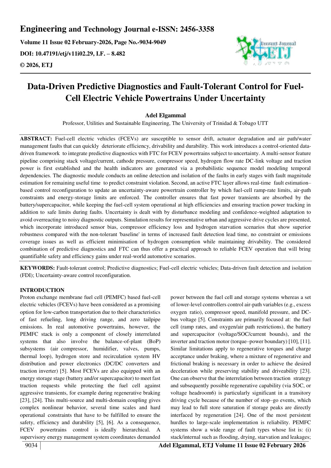 First page of Data-Driven Predictive Diagnostics and Fault-Tolerant Control for Fuel Cell Electric Vehicle Powertrains Under Uncertainty  