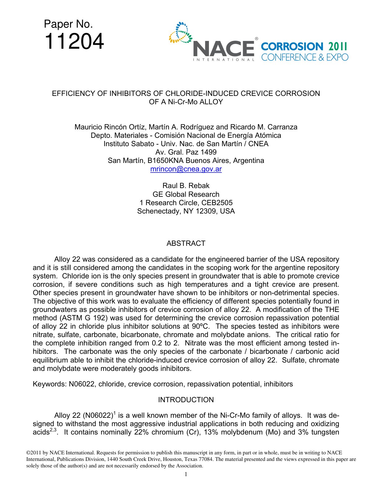First page of EFFICIENCY OF INHIBITORS OF CHLORIDE-INDUCED CREVICE CORROSION OF A Ni-Cr-Mo ALLOY