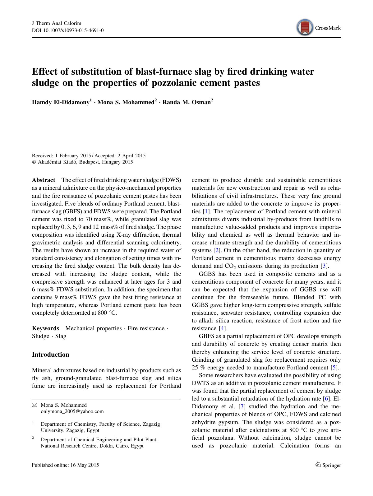 First page of Effect of substitution of blast-furnace slag by ﬁred drinking water sludge on the properties of pozzolanic cement pastes