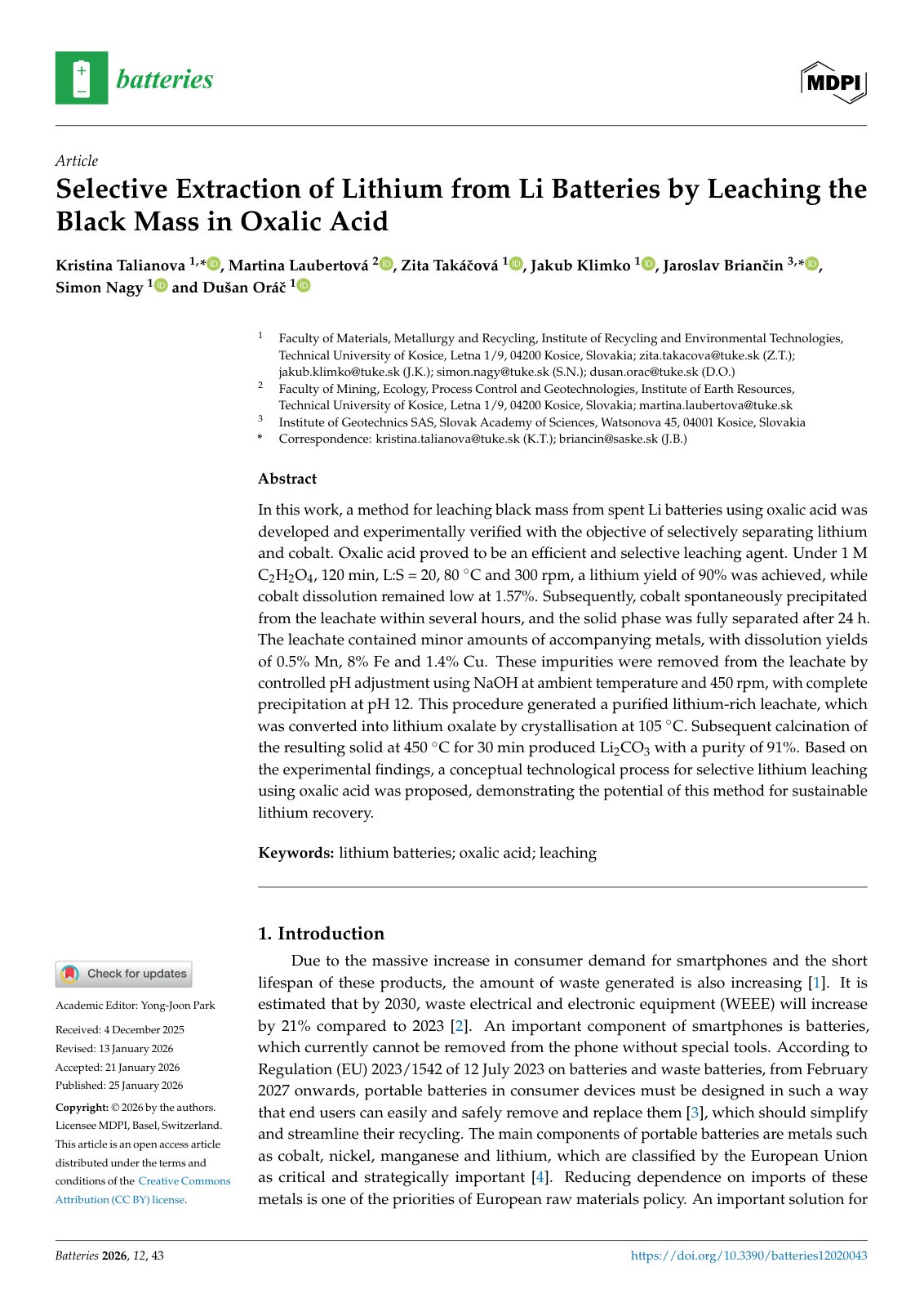 First page of 2026   Talianova   Oxalic Acid Leaching of Battery Black Mass
