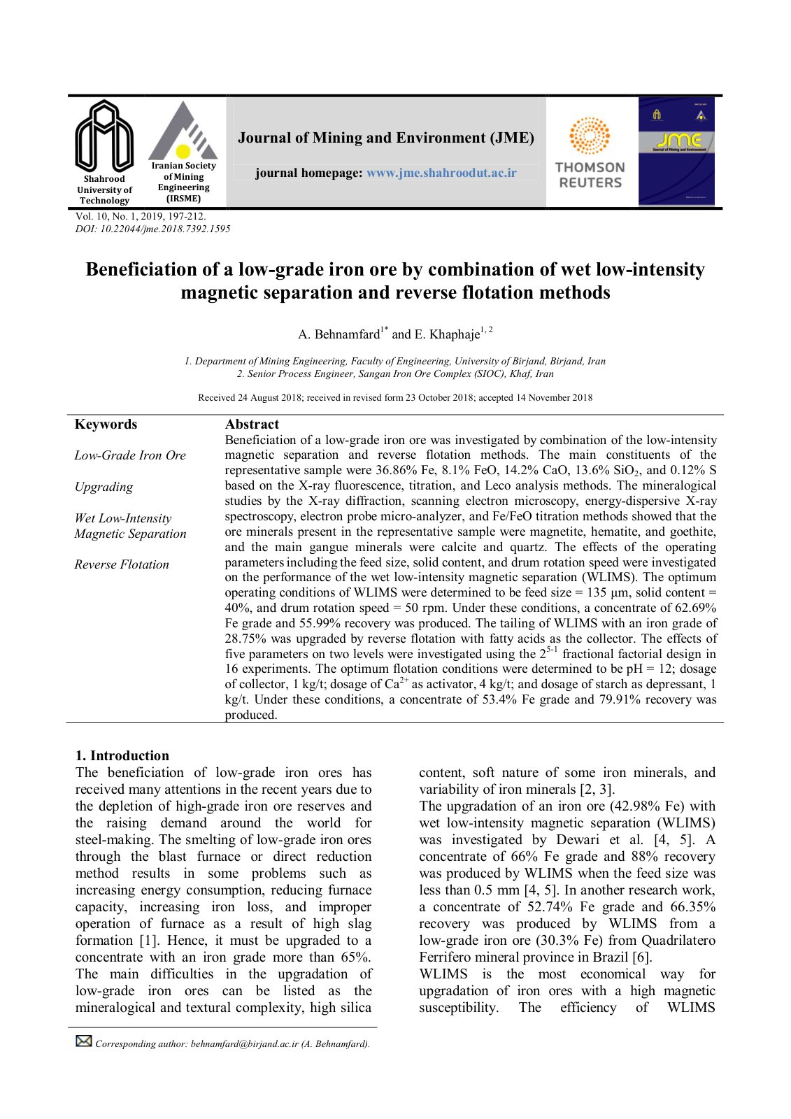 First page of Beneficiation of a low-grade iron ore by combination of wet low-intensity magnetic separation and reverse flotation methods