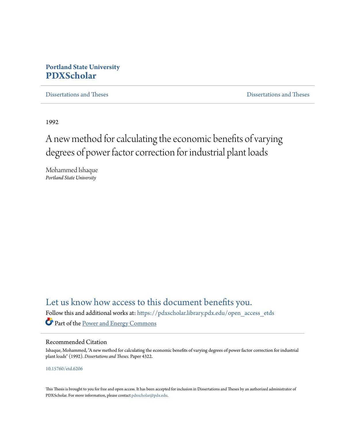 First page of A new method for calculating the economic benefits of varying degrees of power factor correction for industrial plant loads