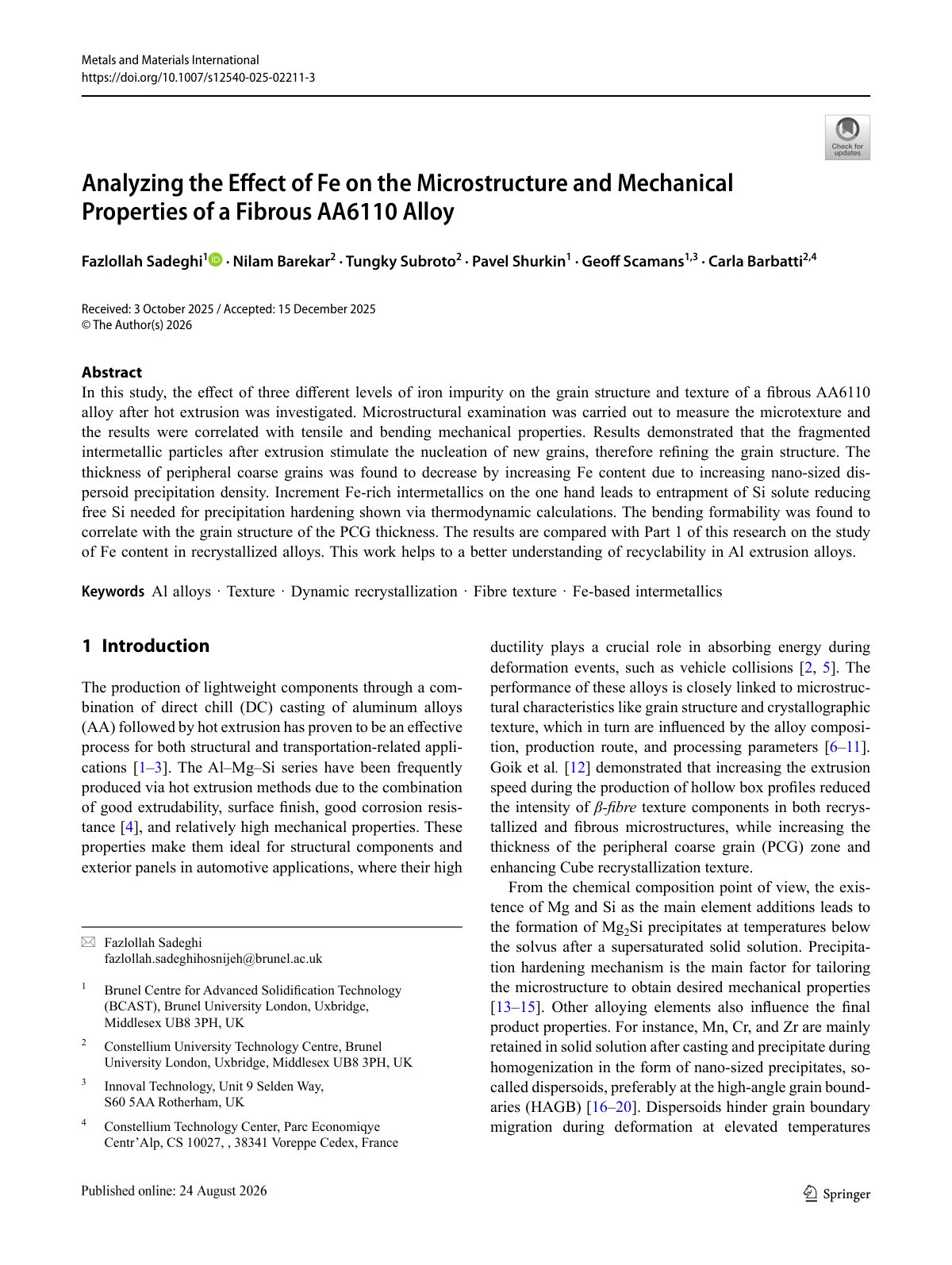 First page of 2026 Sadeghi Fe AA6110 Microstructure
