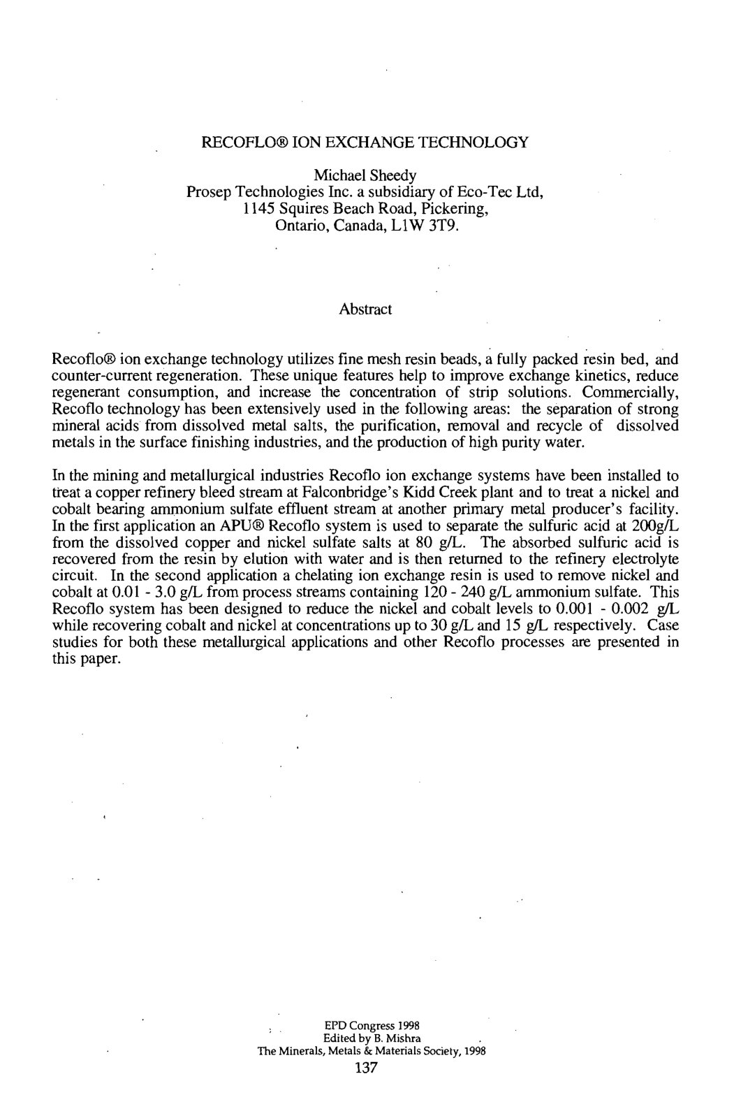 First page of RECOFLOB ION EXCHANGE TECHNOLOGY