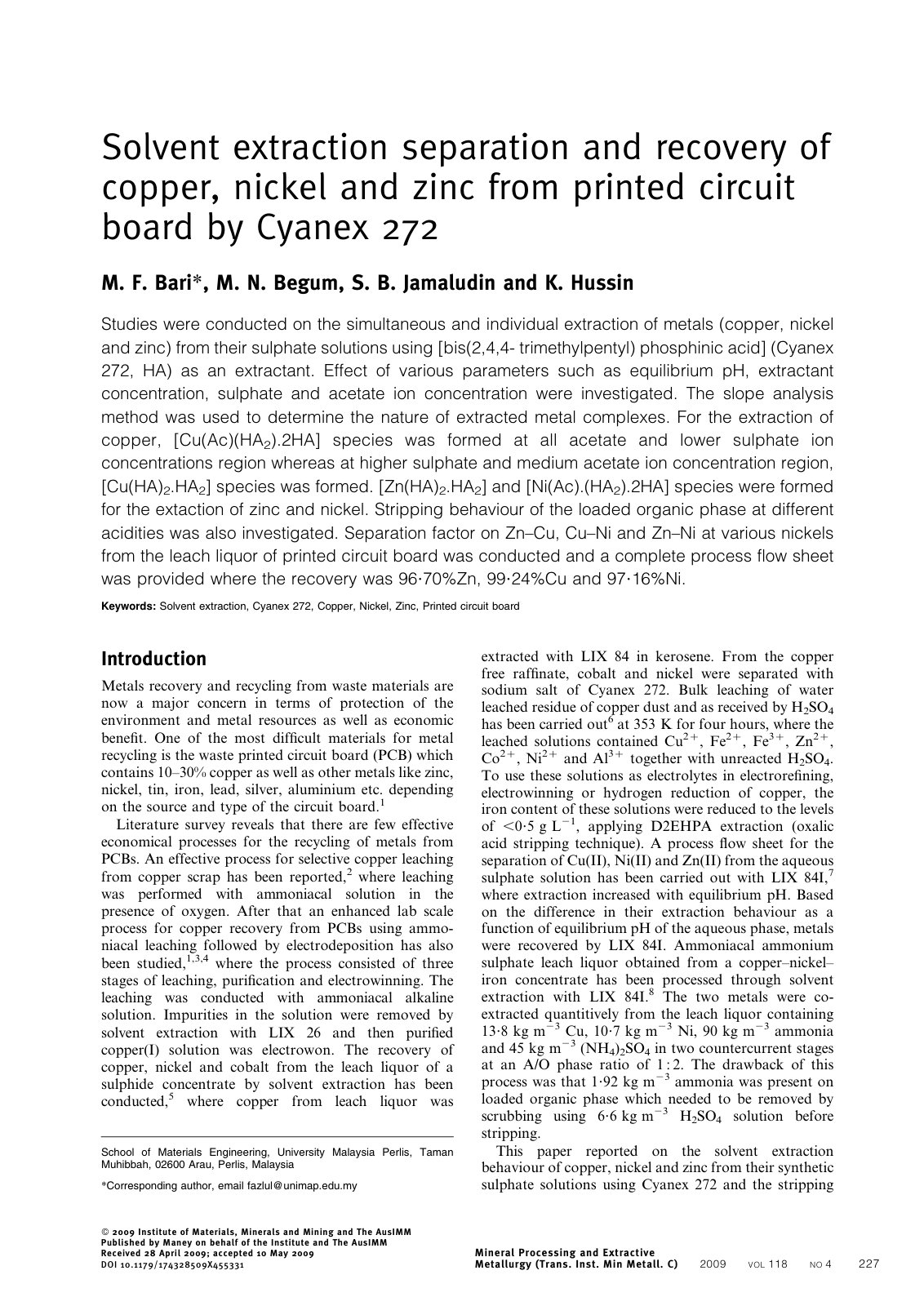 First page of Solvent Extraction Separation and Recove