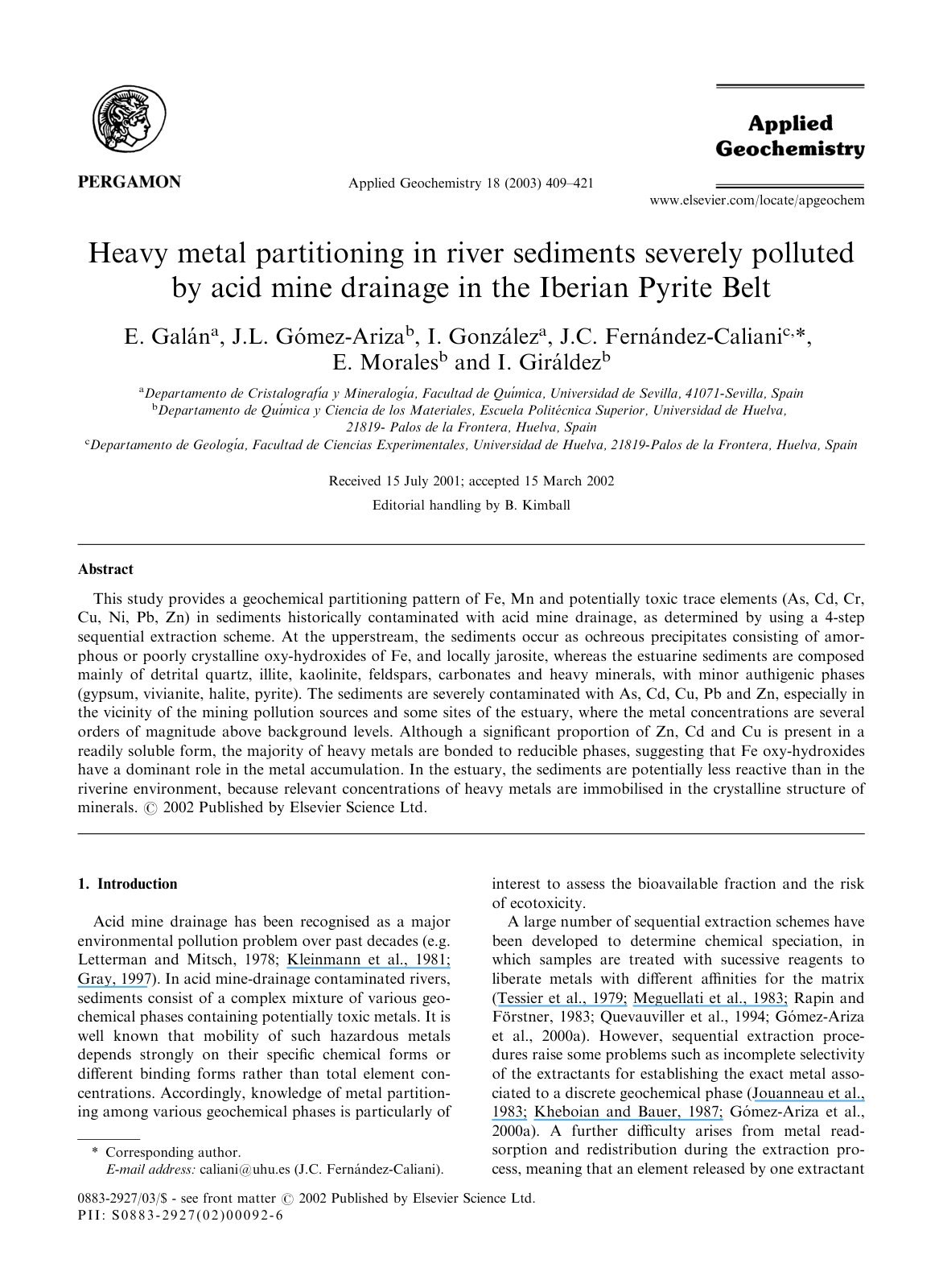 First page of Heavy metal partitioning in river sediments severely polluted by acid mine drainage in the Iberian Pyrite Belt