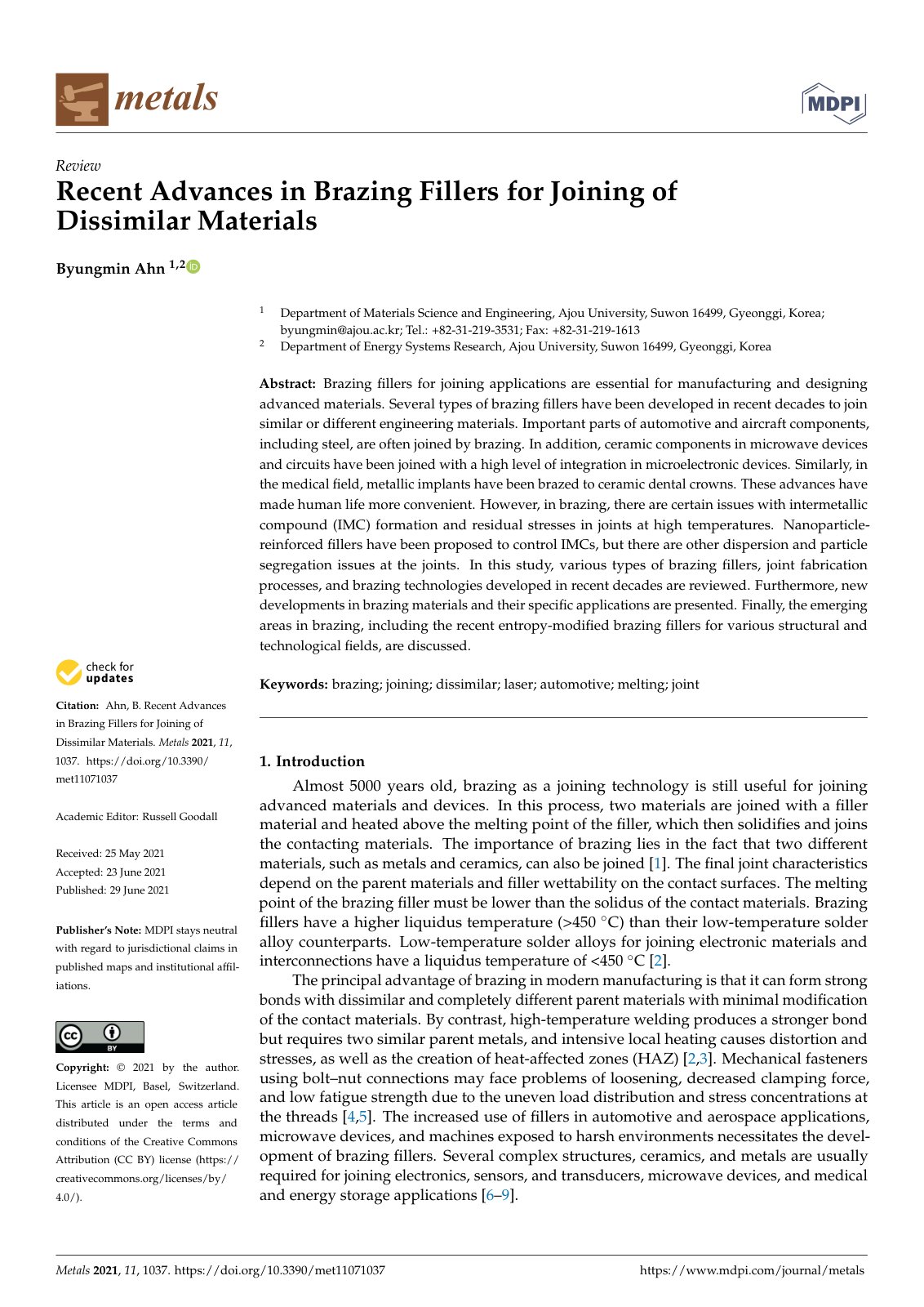 First page of Recent Advances in Brazing Fillers for Joining of Dissimilar Materials
